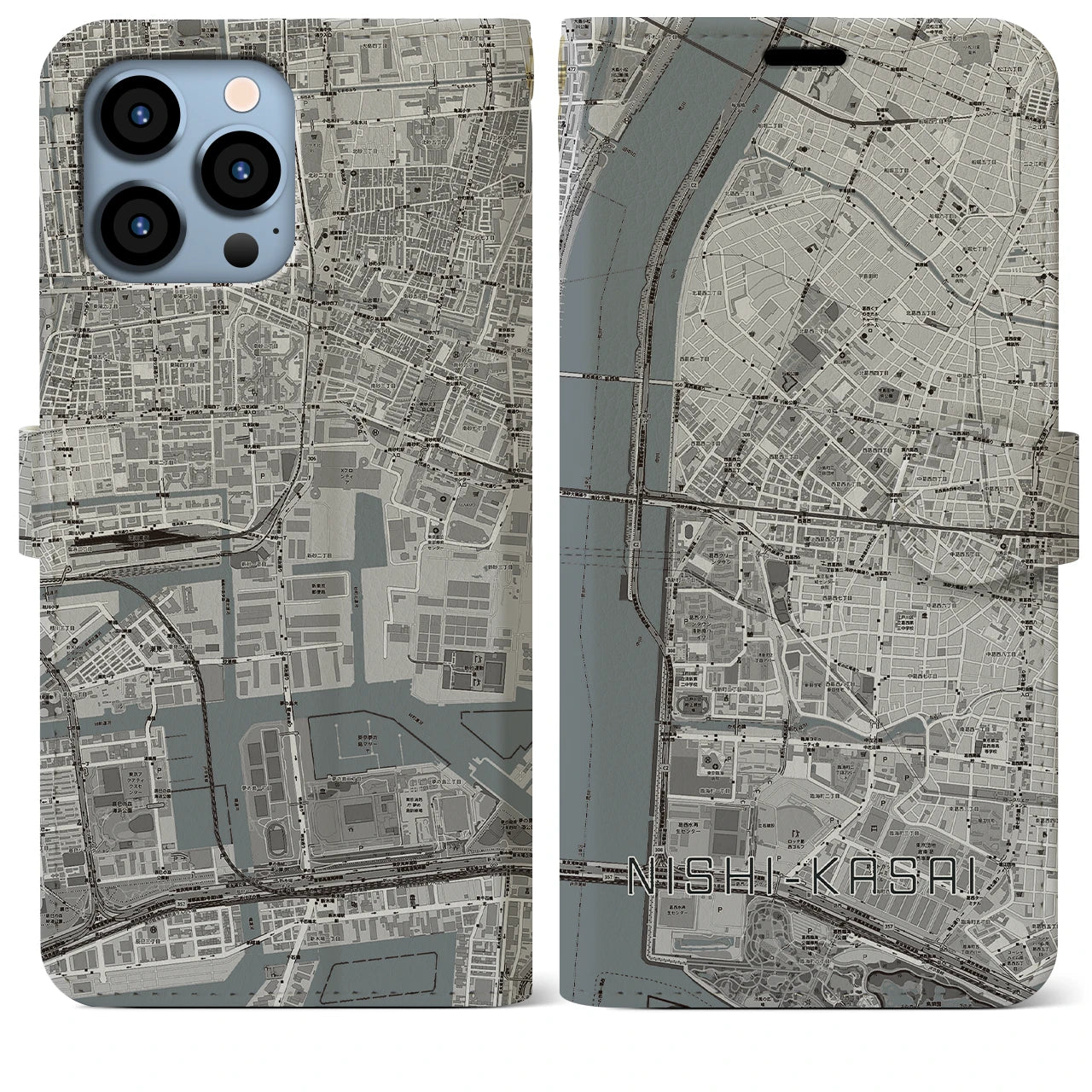 【西葛西(東京都)】地図柄iPhoneケース(手帳タイプ)モノトーン・iPhone 13 Pro Max 用