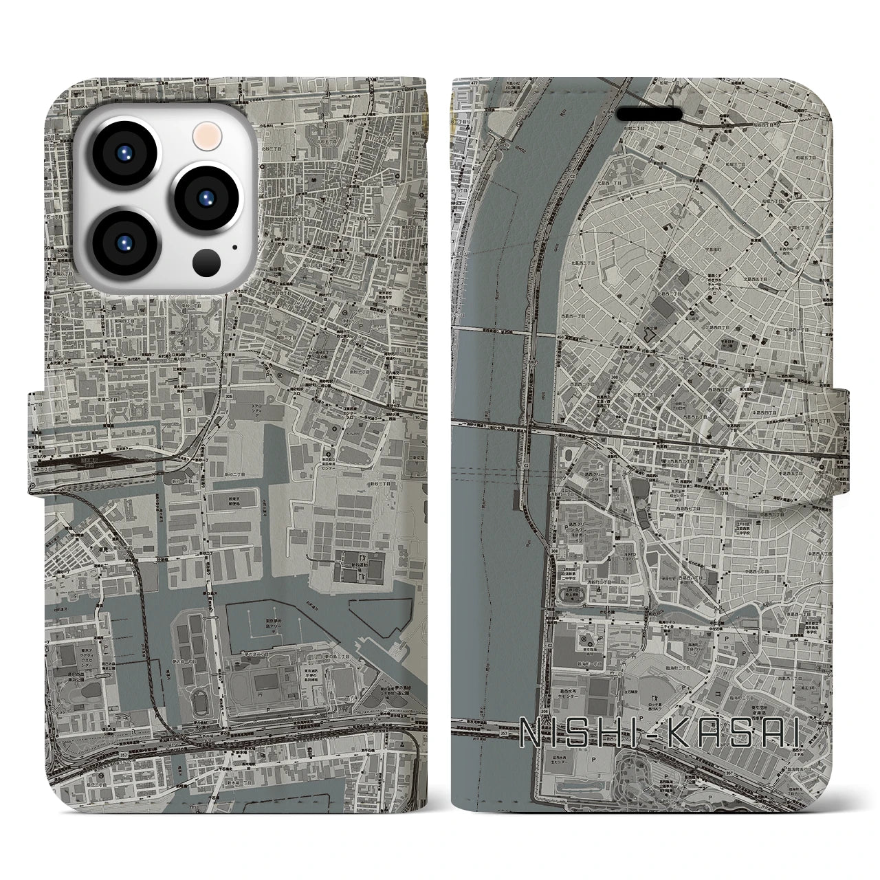 【西葛西(東京都)】地図柄iPhoneケース(手帳タイプ)モノトーン・iPhone 13 Pro 用