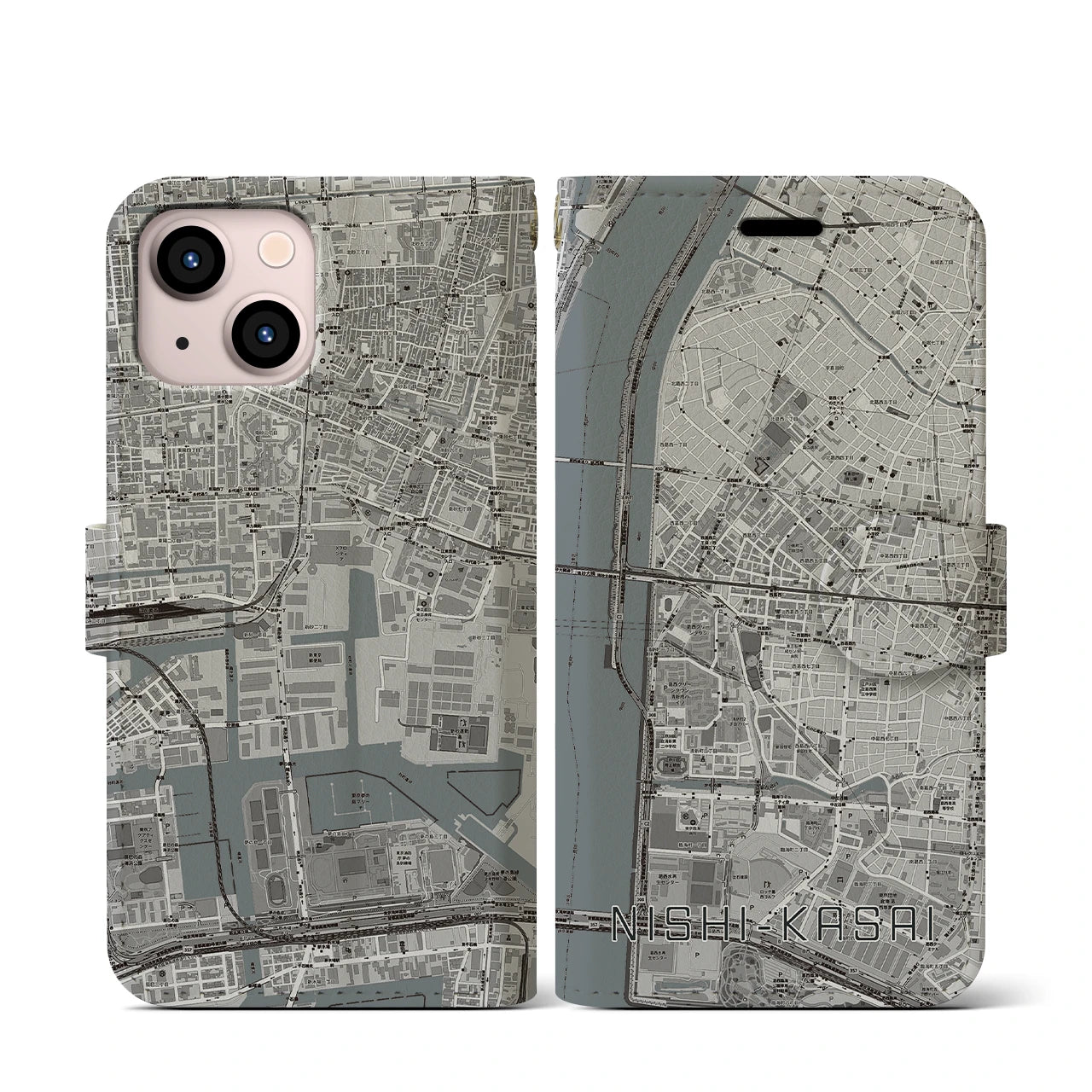 【西葛西(東京都)】地図柄iPhoneケース(手帳タイプ)モノトーン・iPhone 13 mini 用