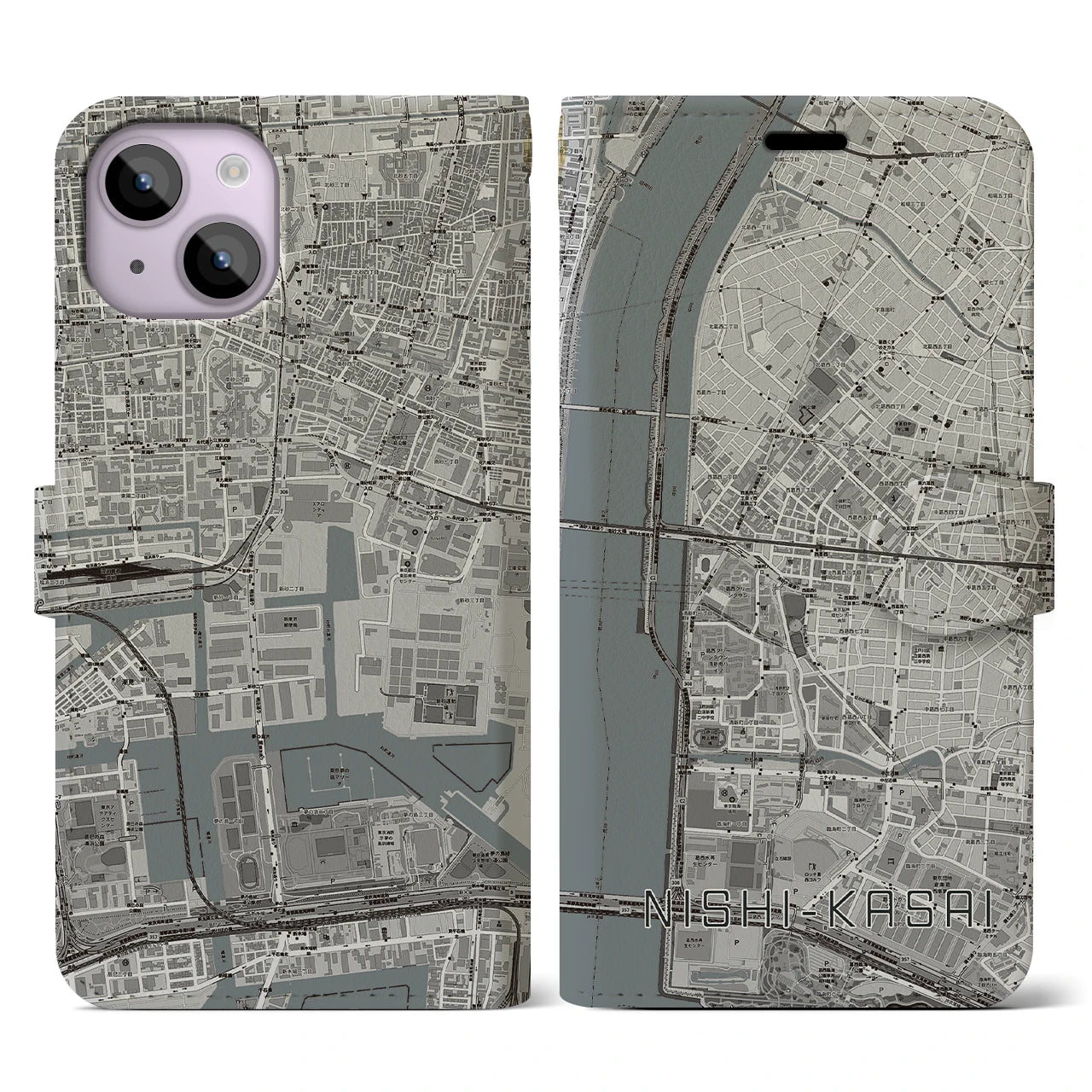 【西葛西(東京都)】地図柄iPhoneケース(手帳タイプ)モノトーン・iPhone 14 用