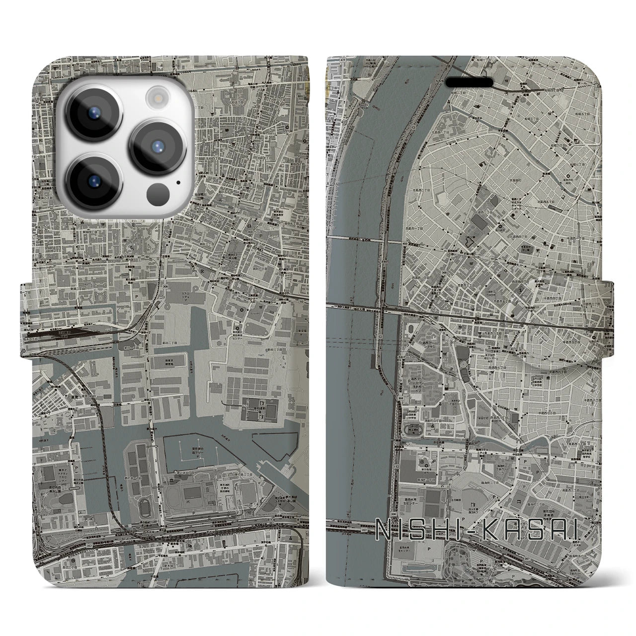 【西葛西(東京都)】地図柄iPhoneケース(手帳タイプ)モノトーン・iPhone 14 Pro 用