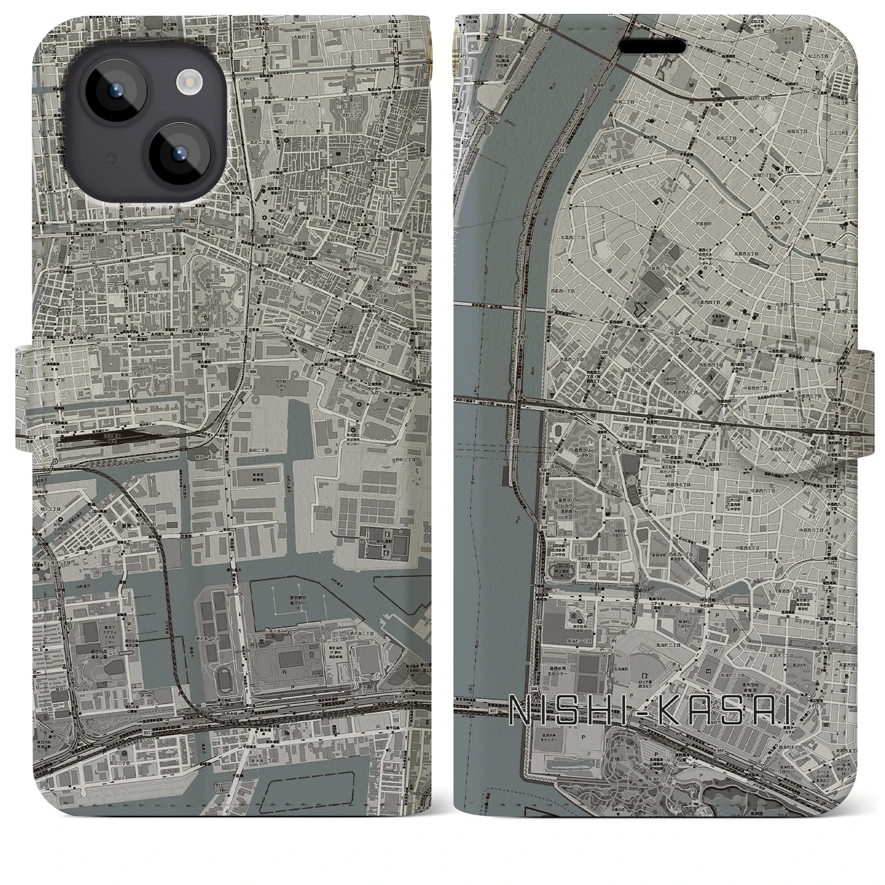 【西葛西(東京都)】地図柄iPhoneケース(手帳タイプ)モノトーン・iPhone 14 Plus 用