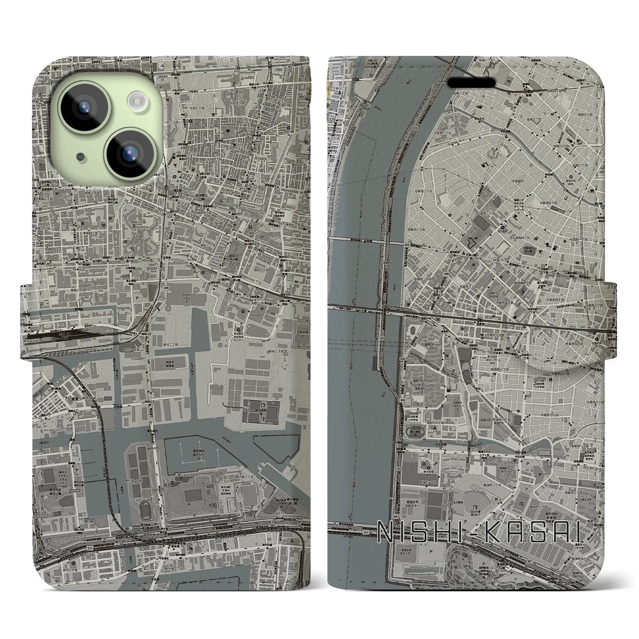 【西葛西(東京都)】地図柄iPhoneケース(手帳タイプ)モノトーン・iPhone 15 用