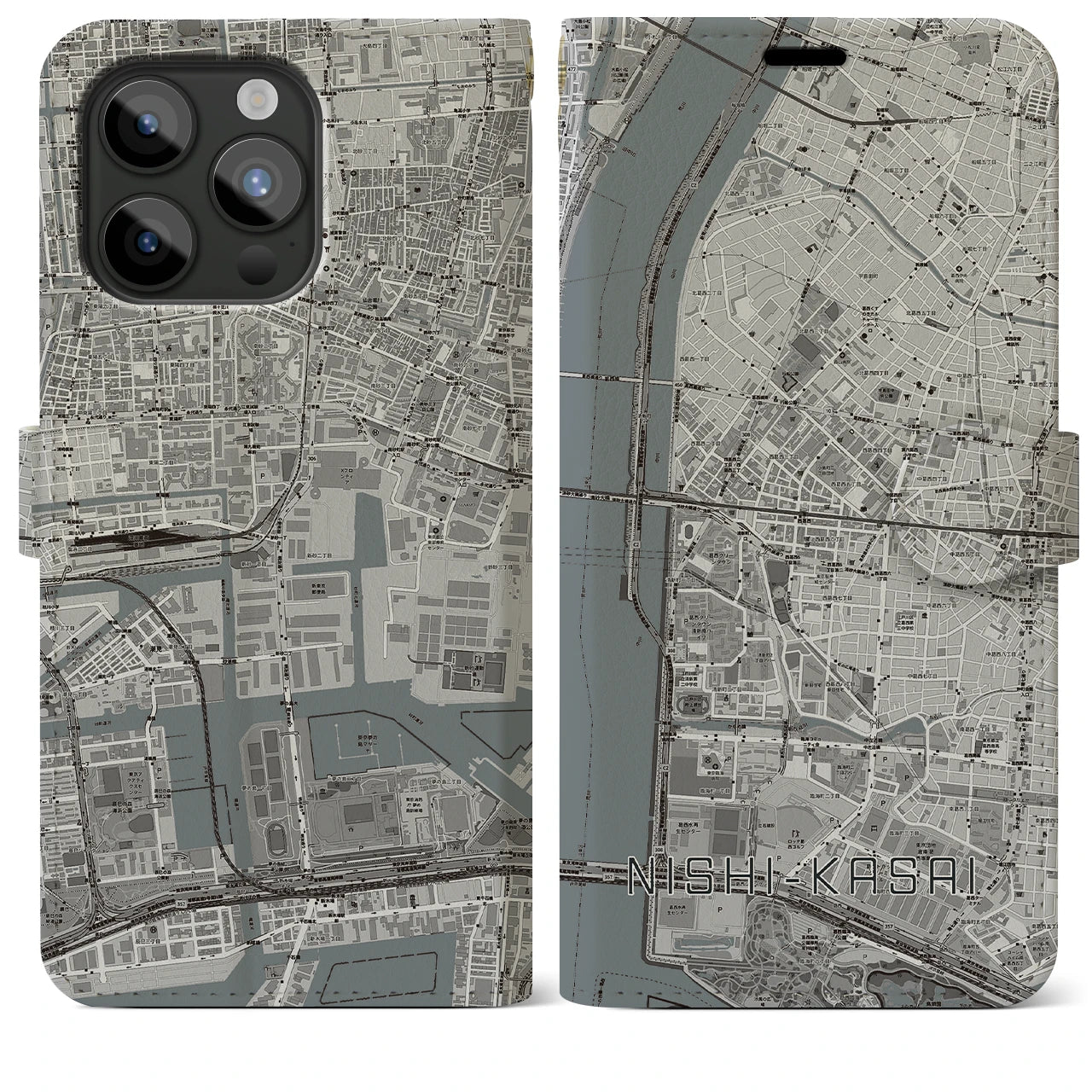 【西葛西(東京都)】地図柄iPhoneケース(手帳タイプ)モノトーン・iPhone 15 Pro Max 用