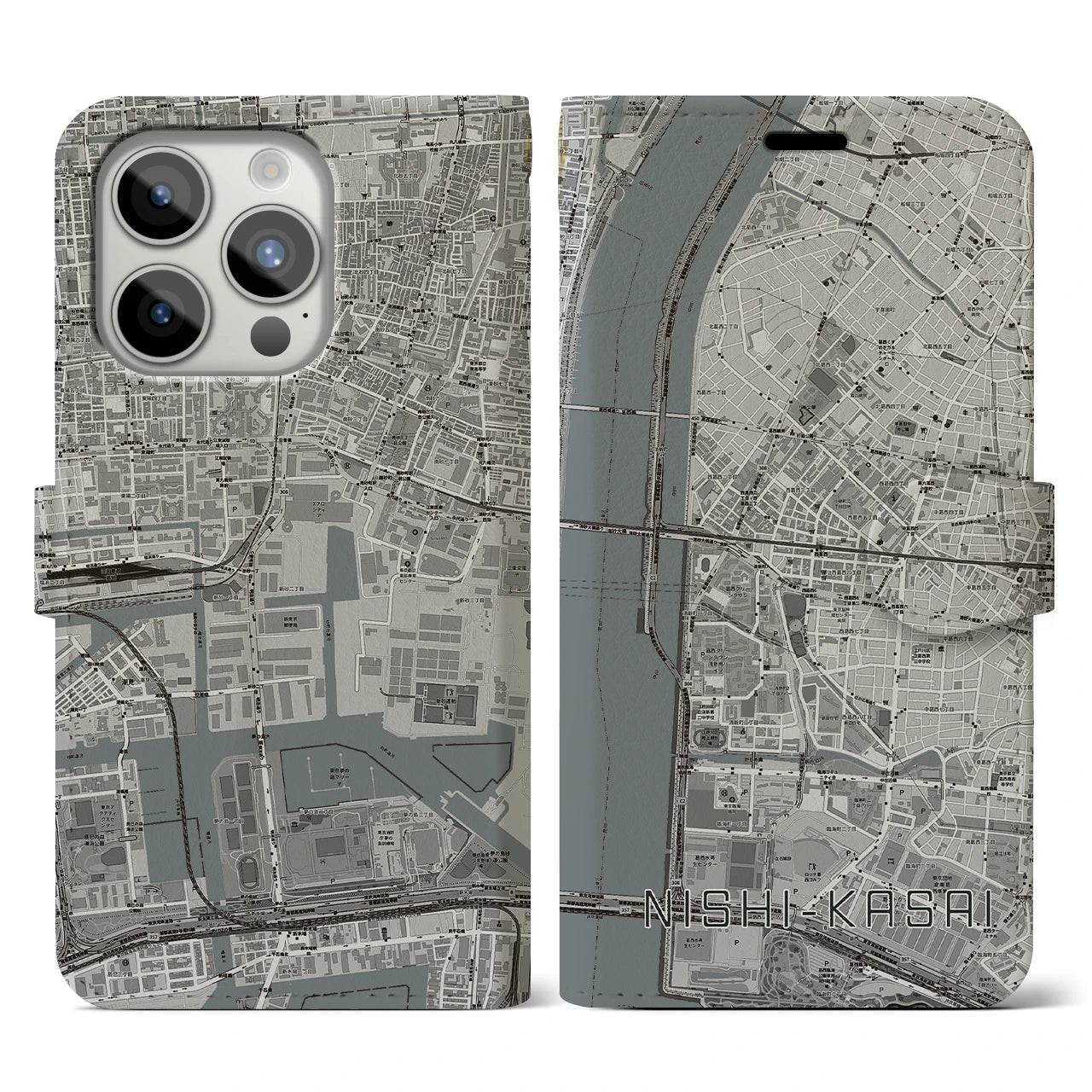 【西葛西(東京都)】地図柄iPhoneケース(手帳タイプ)モノトーン・iPhone 15 Pro 用