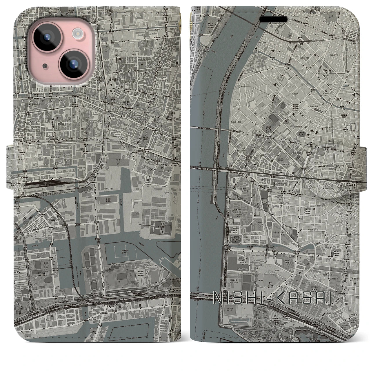 【西葛西(東京都)】地図柄iPhoneケース(手帳タイプ)モノトーン・iPhone 15 Plus 用