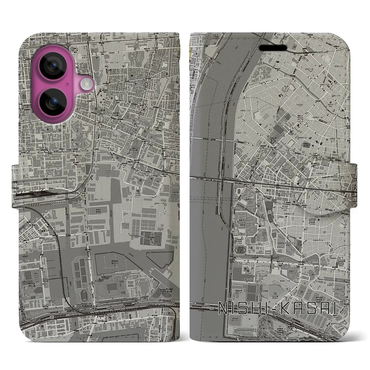 【西葛西(東京都)】地図柄iPhoneケース(手帳タイプ)モノトーン・iPhone 16 Pro 用
