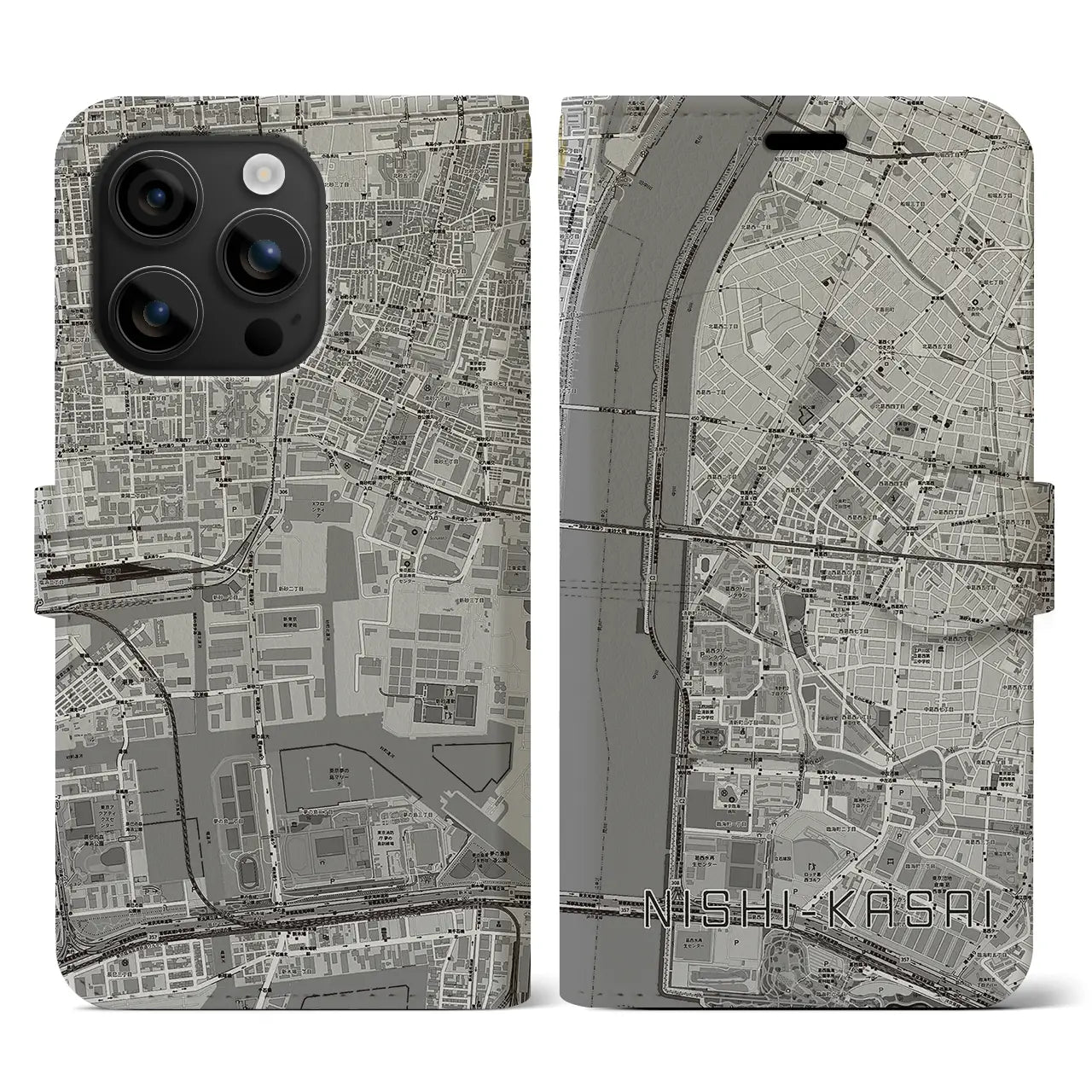 【西葛西(東京都)】地図柄iPhoneケース(手帳タイプ)モノトーン・iPhone 16 用