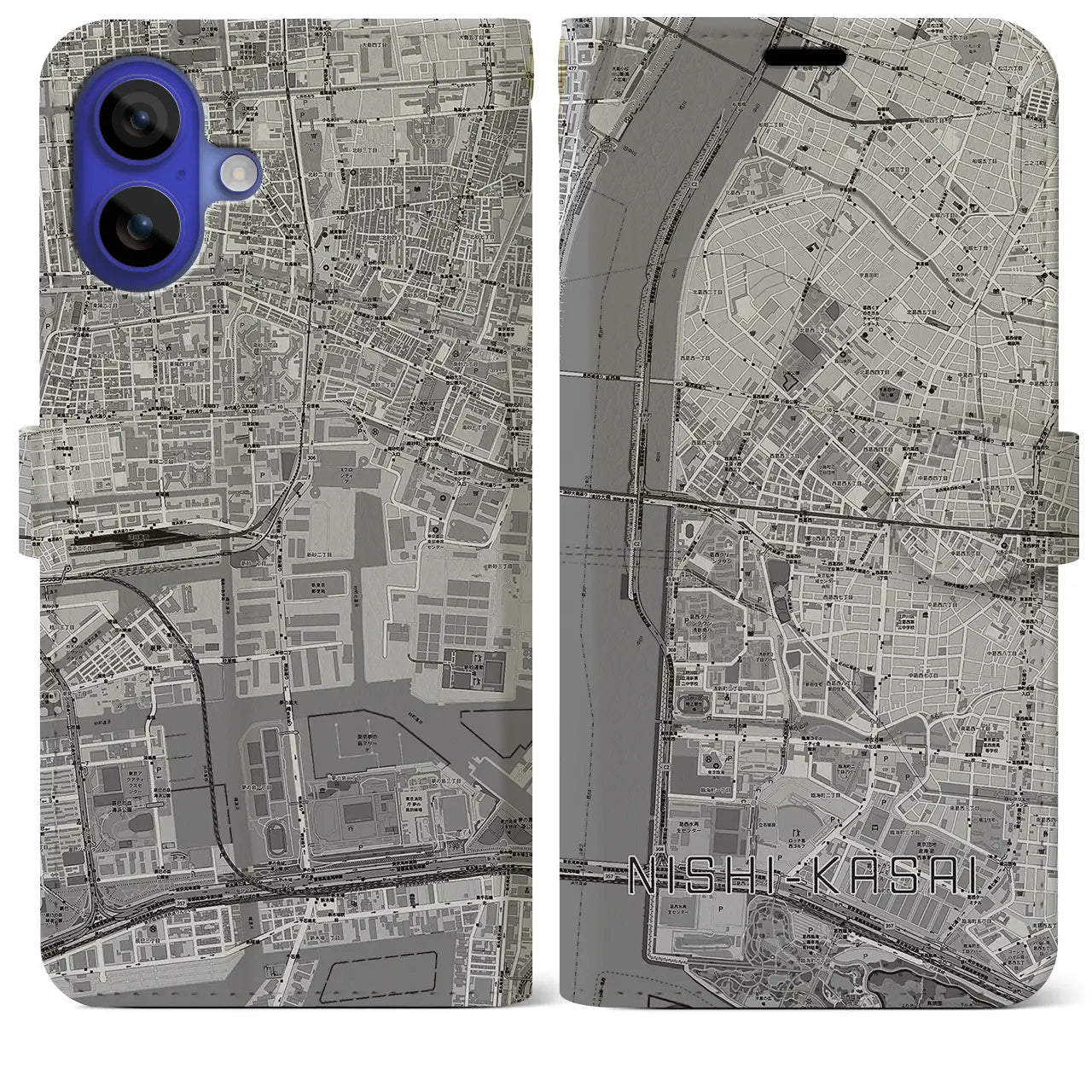 【西葛西(東京都)】地図柄iPhoneケース(手帳タイプ)モノトーン・iPhone 16 Pro Max 用