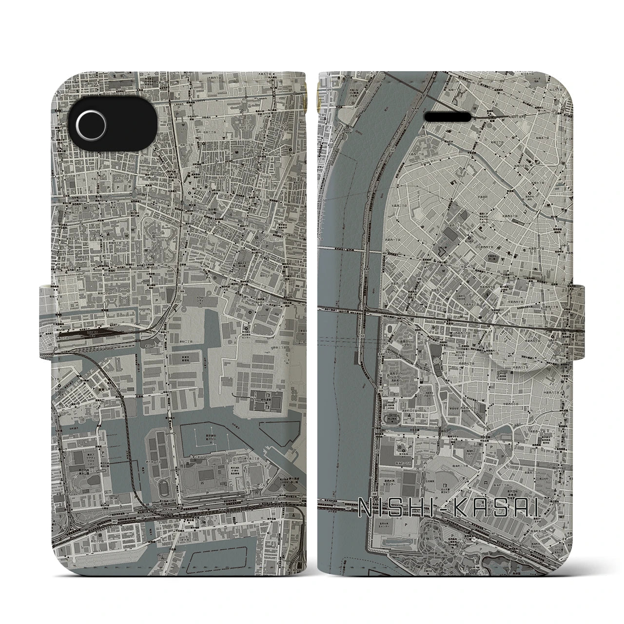 【西葛西(東京都)】地図柄iPhoneケース(手帳タイプ)モノトーン・iPhone SE(第3 / 第2世代) / 8 / 7 / 6s / 6 用