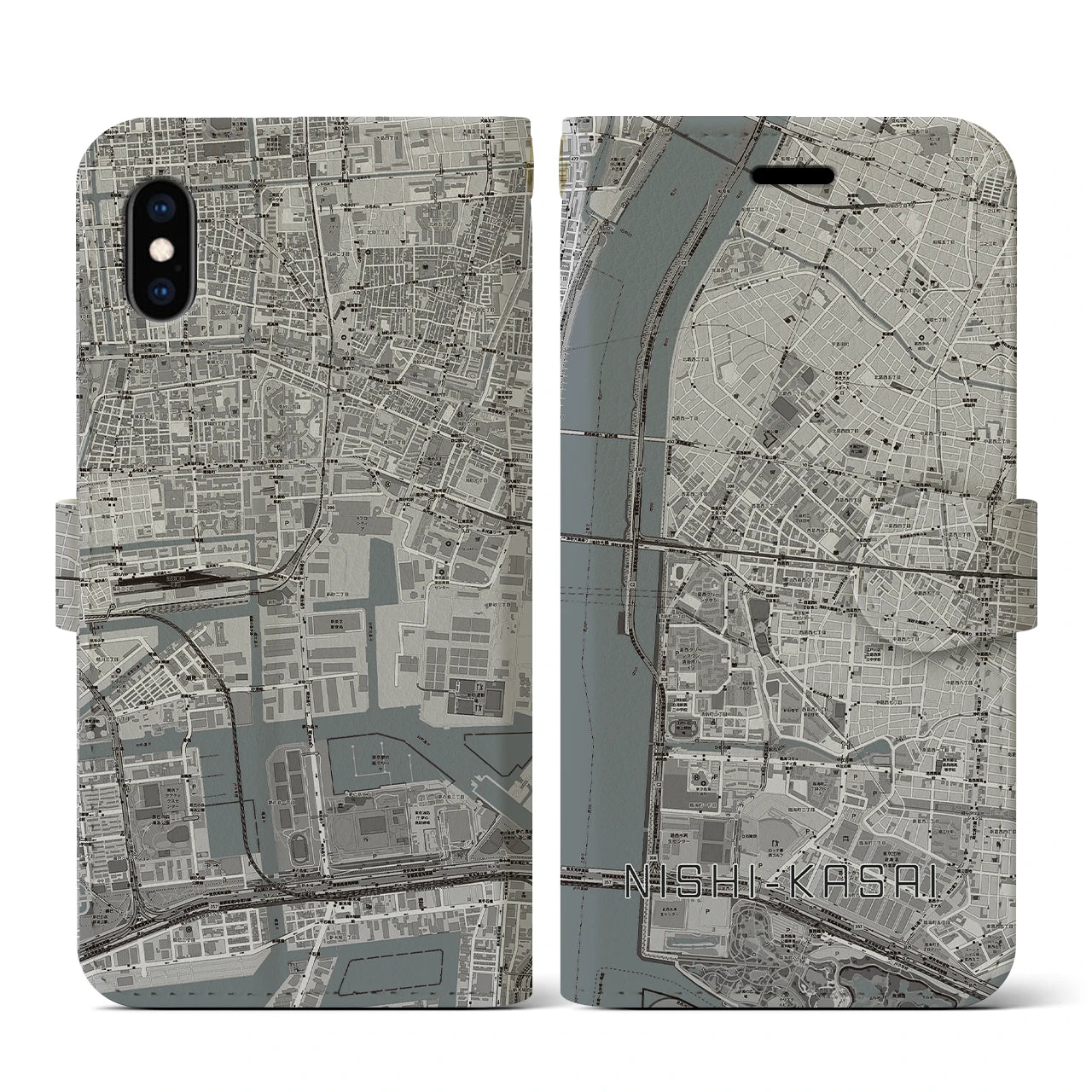 【西葛西(東京都)】地図柄iPhoneケース(手帳タイプ)モノトーン・iPhone XS / X 用