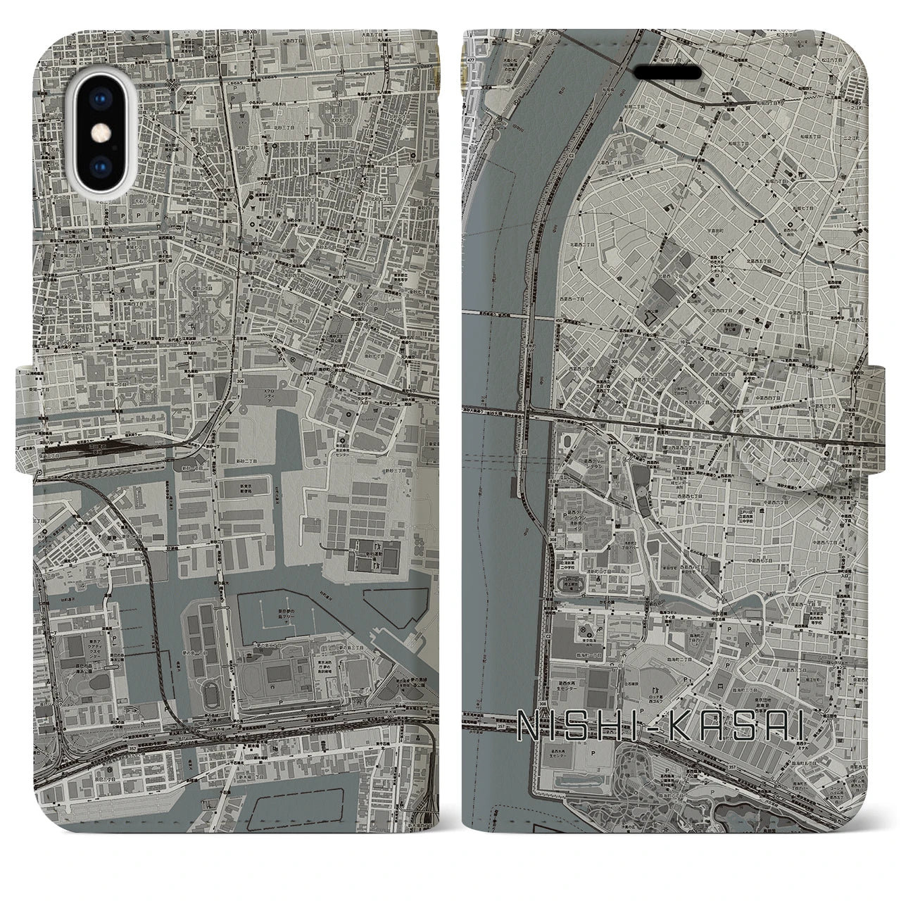 【西葛西(東京都)】地図柄iPhoneケース(手帳タイプ)モノトーン・iPhone XS Max 用
