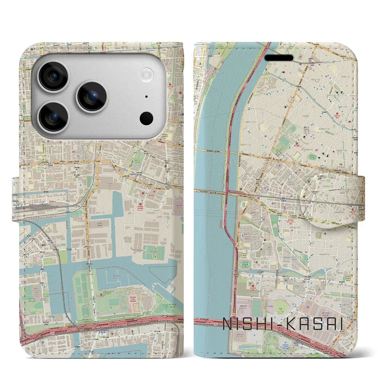 【西葛西(東京都)】地図柄iPhoneケース(手帳タイプ)ナチュラル・iPhone 17 Pro Max 用