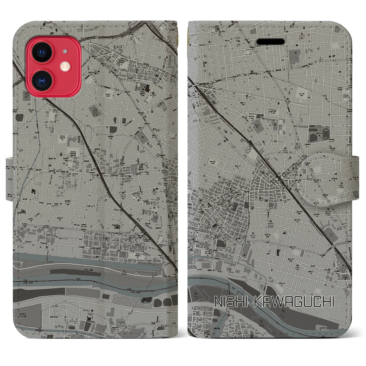 【西川口(埼玉県)】地図柄iPhoneケース(手帳タイプ)モノトーン・iPhone 11 用
