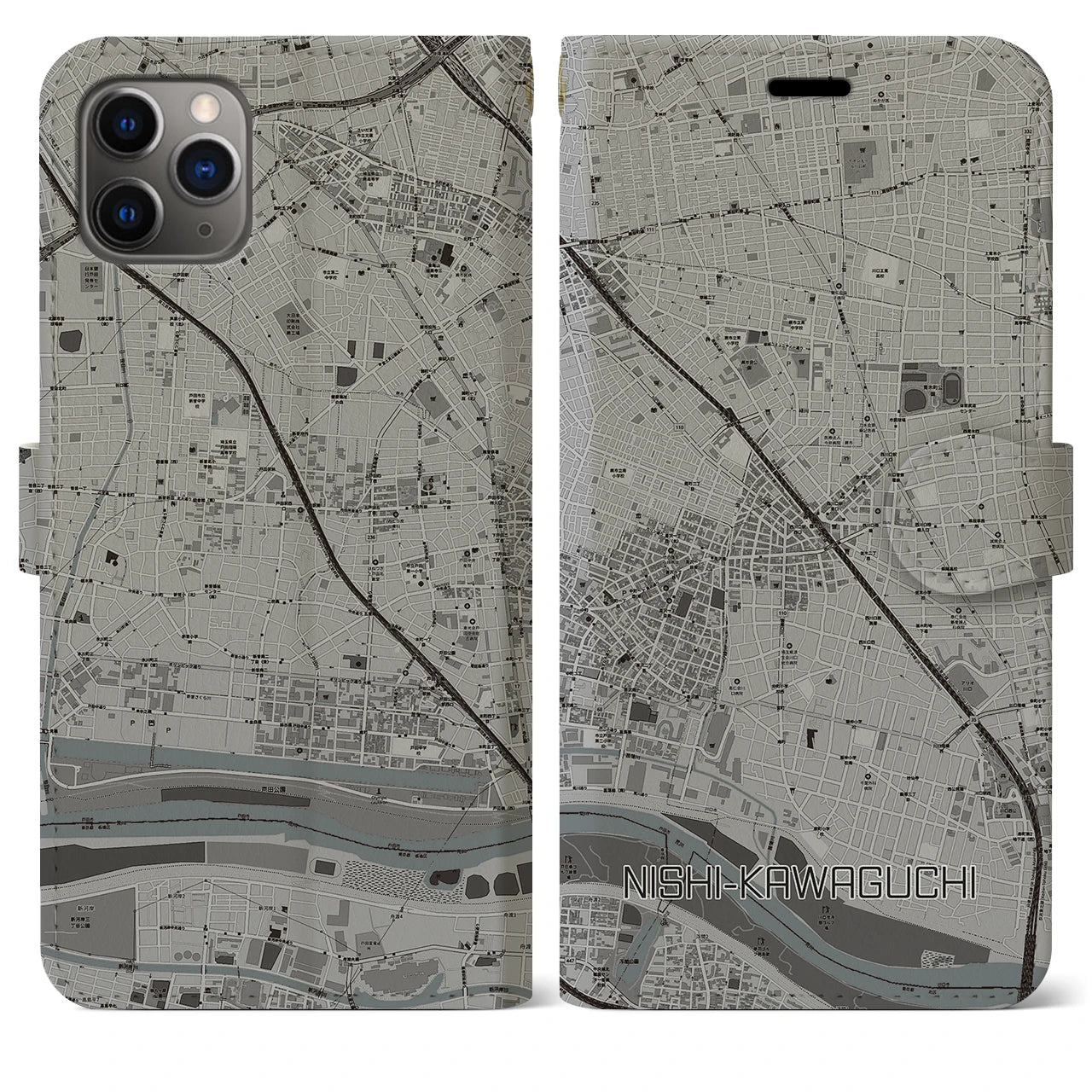 【西川口(埼玉県)】地図柄iPhoneケース(手帳タイプ)モノトーン・iPhone 11 Pro Max 用
