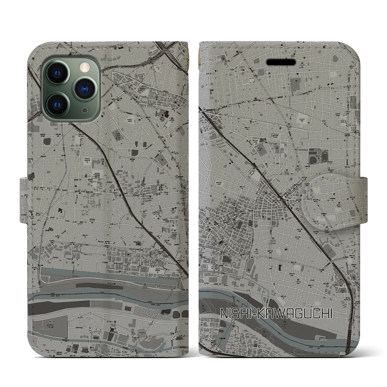 【西川口(埼玉県)】地図柄iPhoneケース(手帳タイプ)モノトーン・iPhone 11 Pro 用