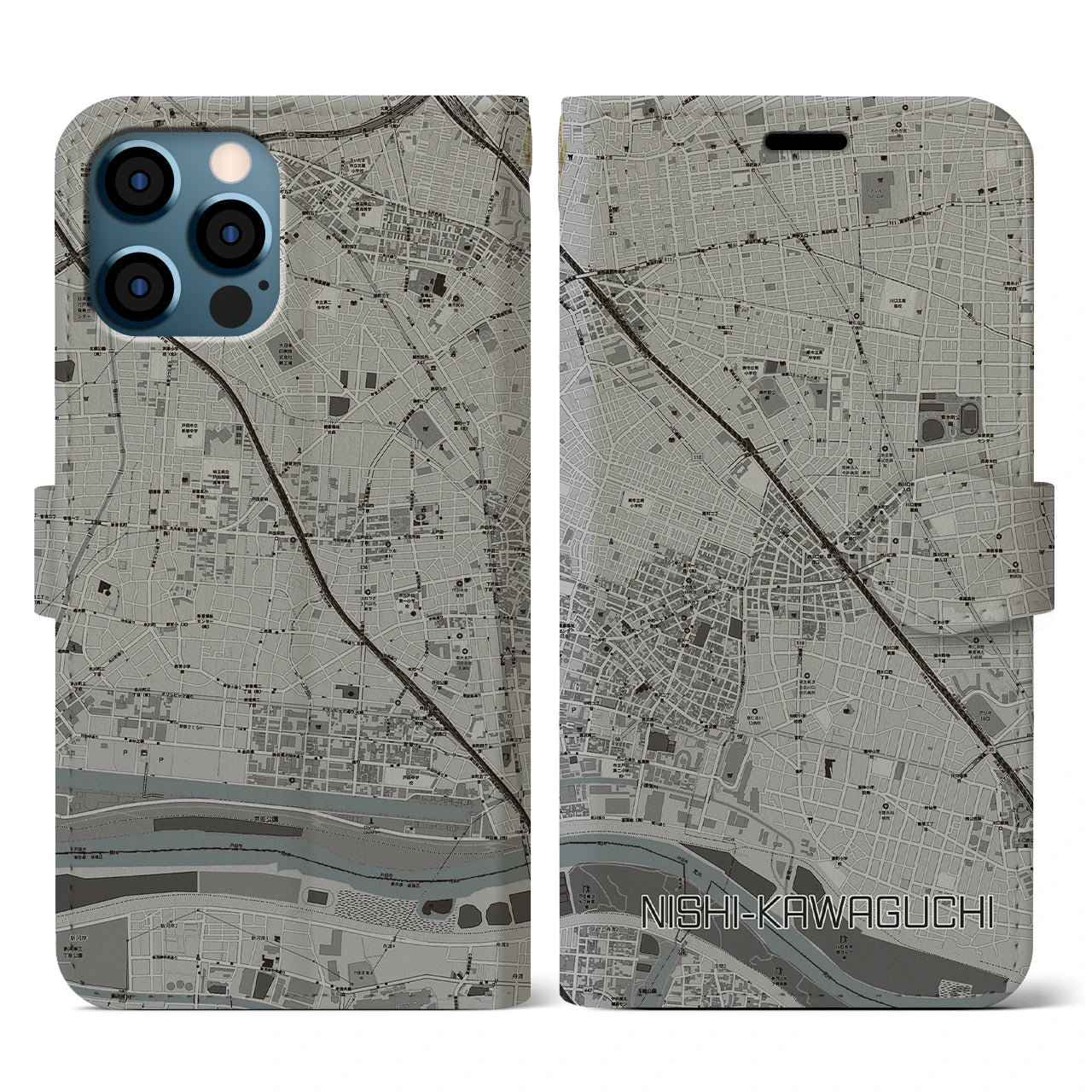 【西川口(埼玉県)】地図柄iPhoneケース(手帳タイプ)モノトーン・iPhone 12 / 12 Pro 用