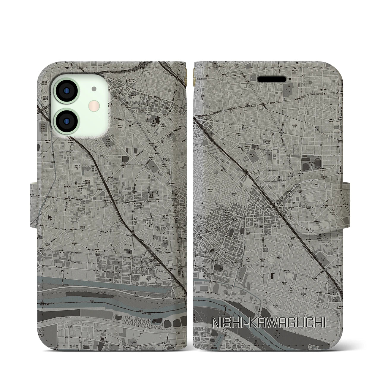 【西川口(埼玉県)】地図柄iPhoneケース(手帳タイプ)モノトーン・iPhone 12 mini 用
