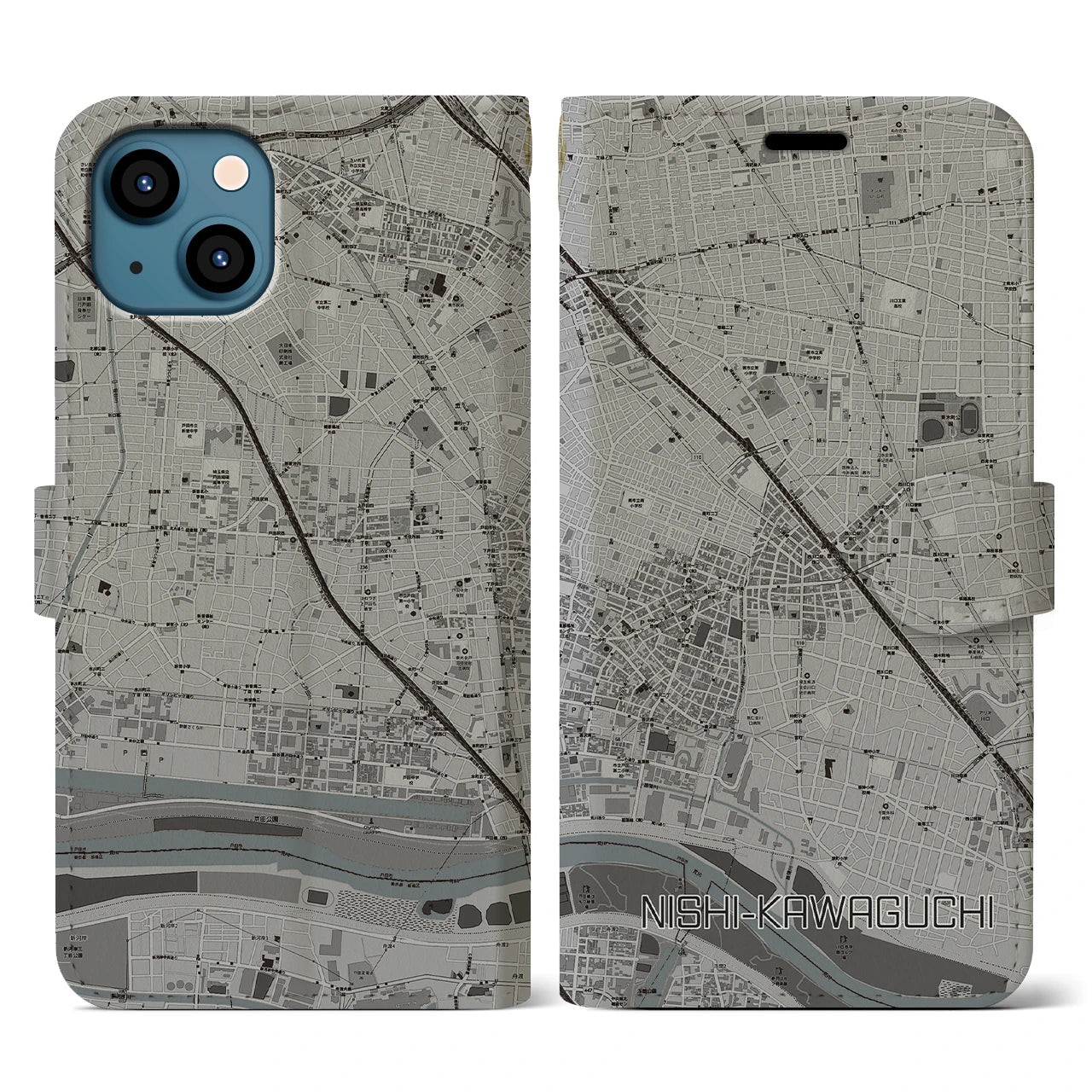 【西川口(埼玉県)】地図柄iPhoneケース(手帳タイプ)モノトーン・iPhone 13 用