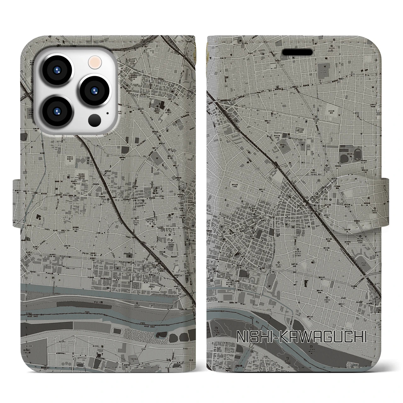 【西川口(埼玉県)】地図柄iPhoneケース(手帳タイプ)モノトーン・iPhone 13 Pro 用