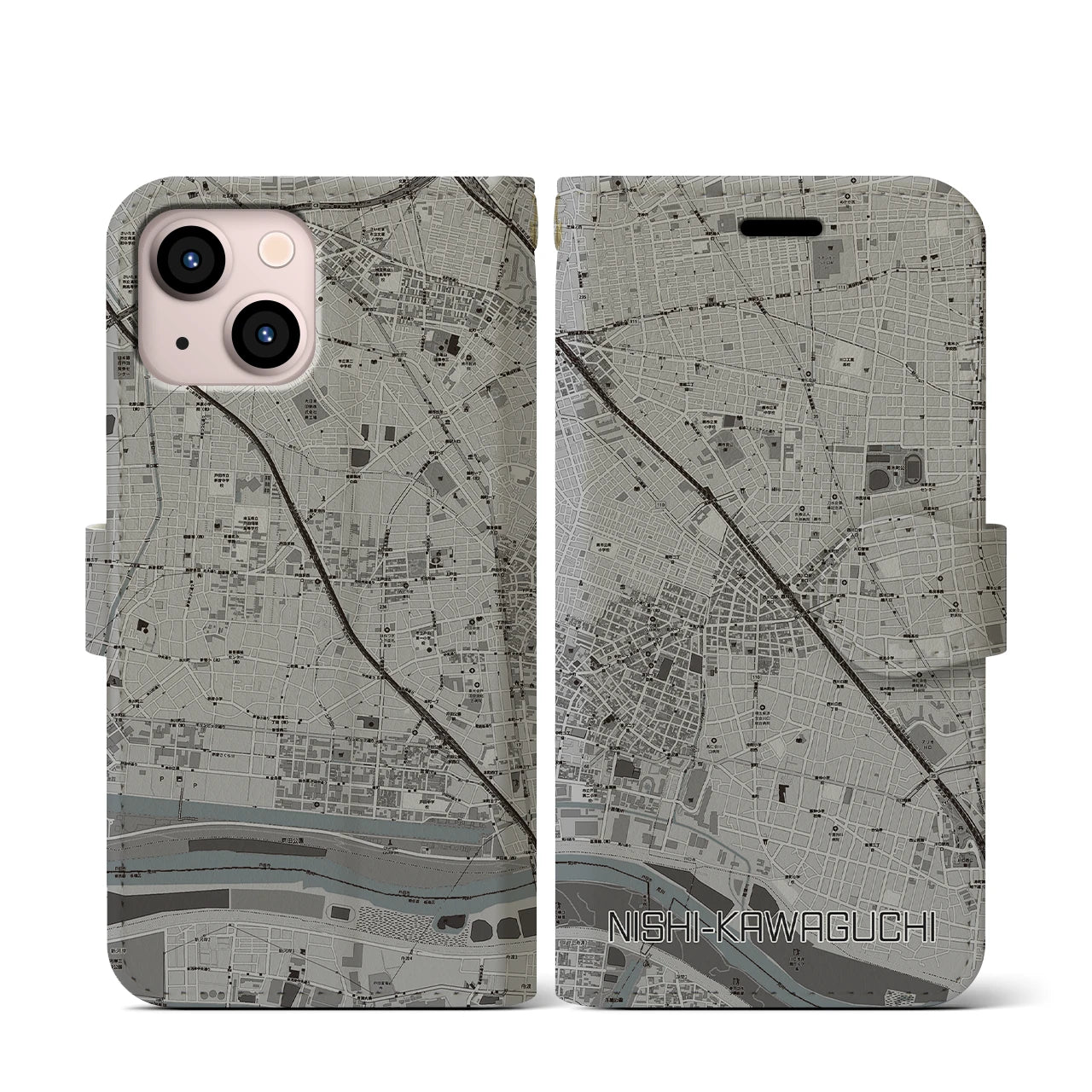 【西川口(埼玉県)】地図柄iPhoneケース(手帳タイプ)モノトーン・iPhone 13 mini 用