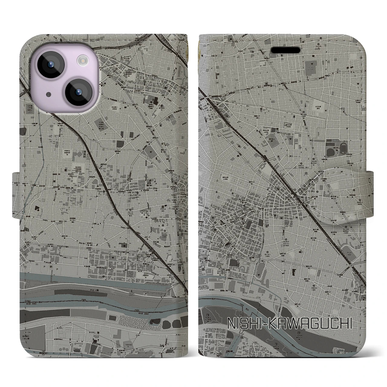 【西川口(埼玉県)】地図柄iPhoneケース(手帳タイプ)モノトーン・iPhone 14 用