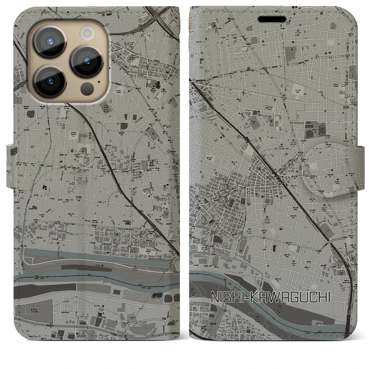 【西川口(埼玉県)】地図柄iPhoneケース(手帳タイプ)モノトーン・iPhone 14 Pro Max 用