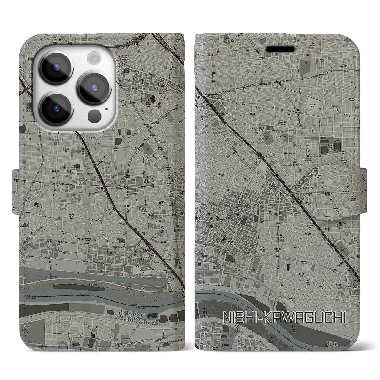 【西川口(埼玉県)】地図柄iPhoneケース(手帳タイプ)モノトーン・iPhone 14 Pro 用