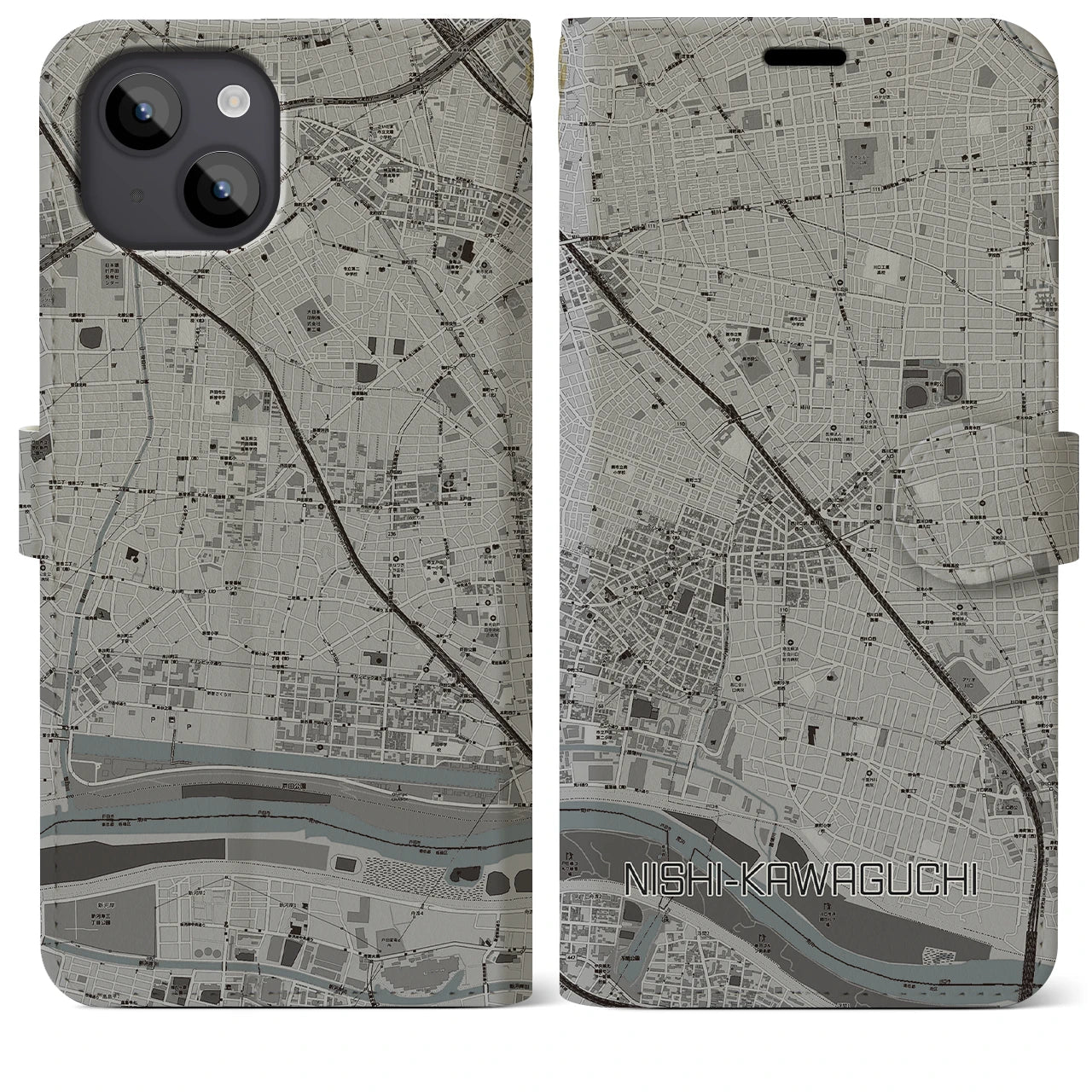 【西川口(埼玉県)】地図柄iPhoneケース(手帳タイプ)モノトーン・iPhone 14 Plus 用