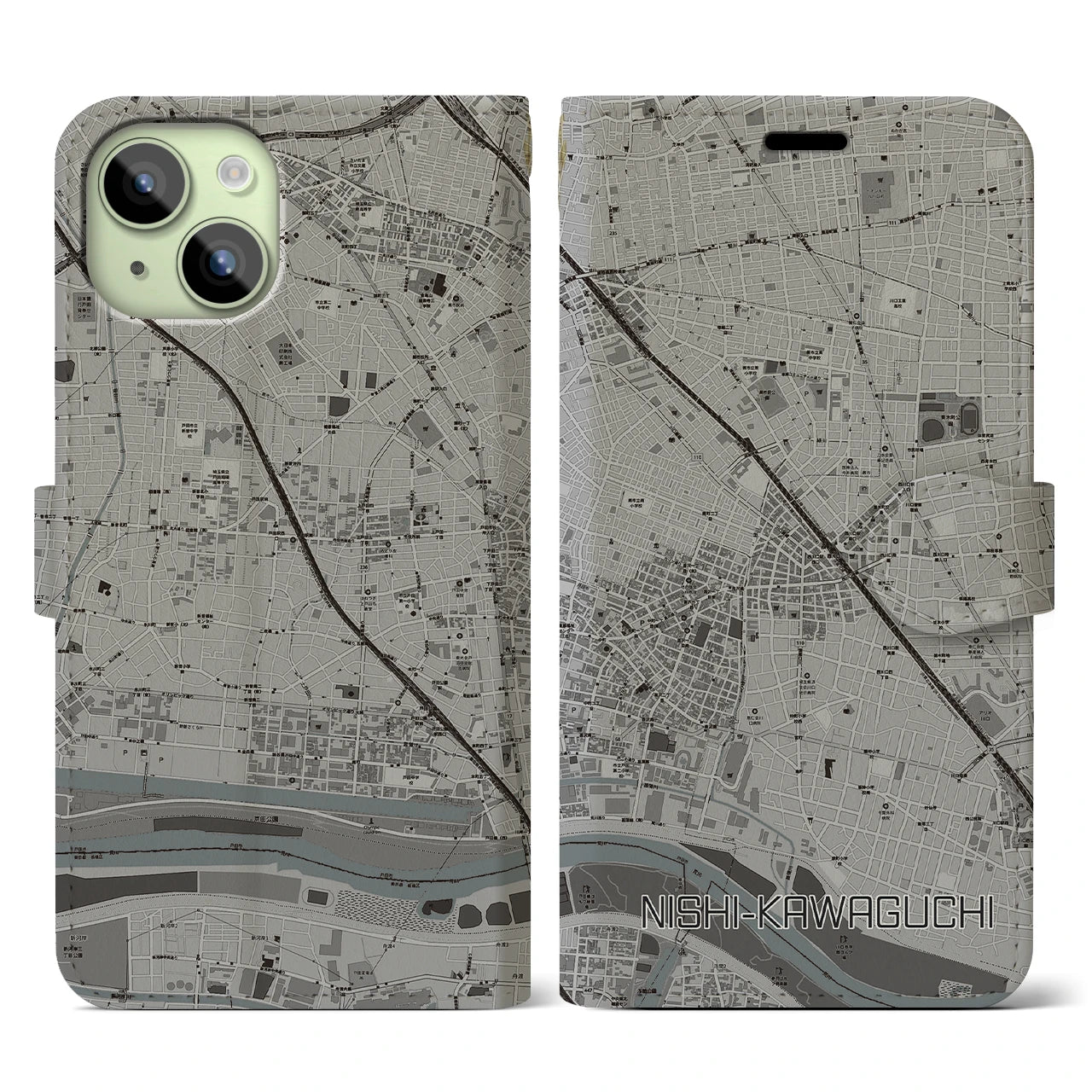 【西川口(埼玉県)】地図柄iPhoneケース(手帳タイプ)モノトーン・iPhone 15 用