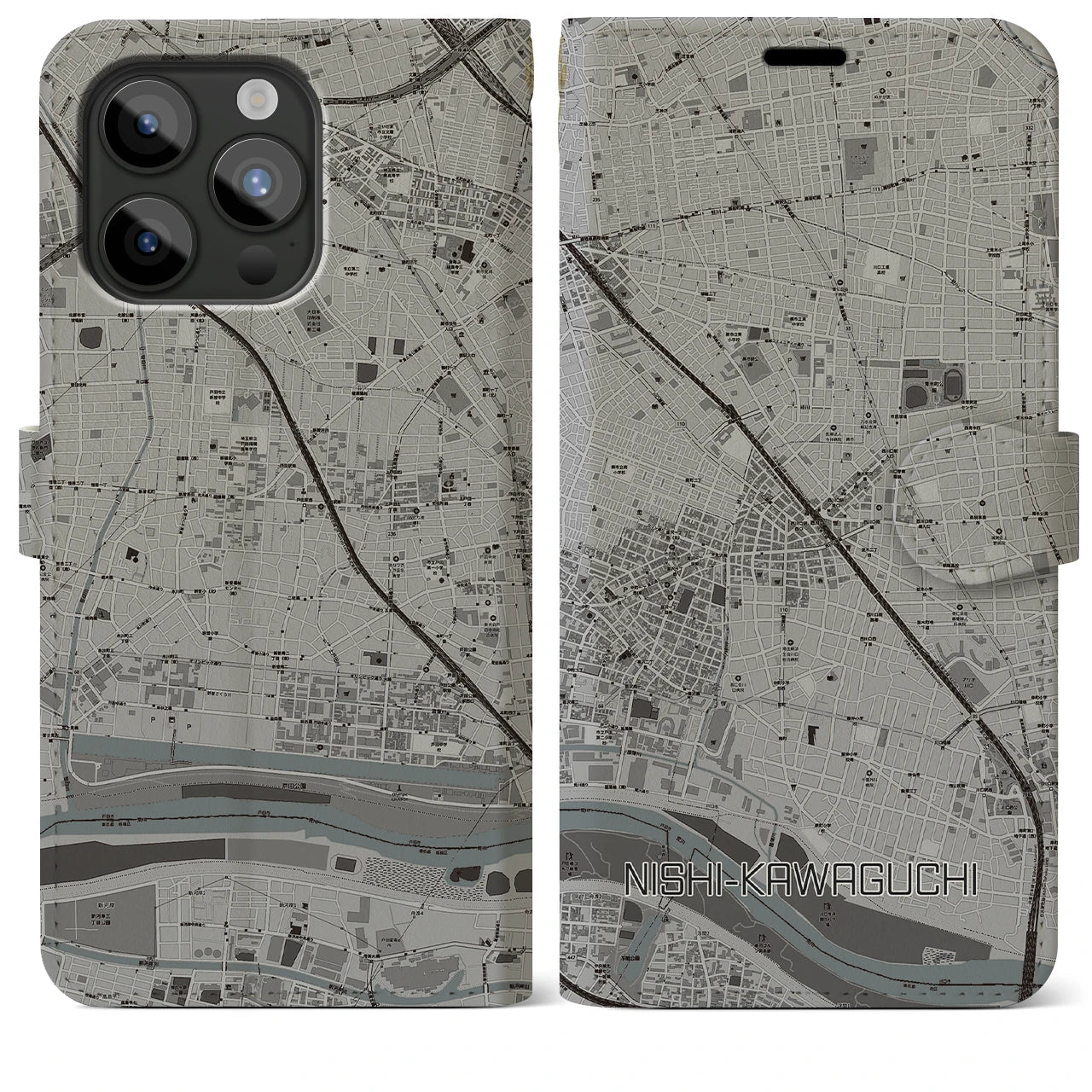 【西川口(埼玉県)】地図柄iPhoneケース(手帳タイプ)モノトーン・iPhone 15 Pro Max 用