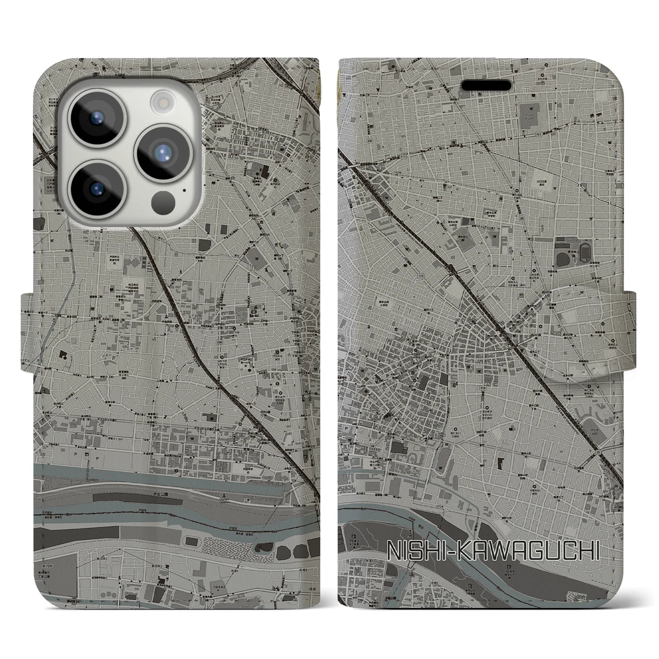 【西川口(埼玉県)】地図柄iPhoneケース(手帳タイプ)モノトーン・iPhone 15 Pro 用