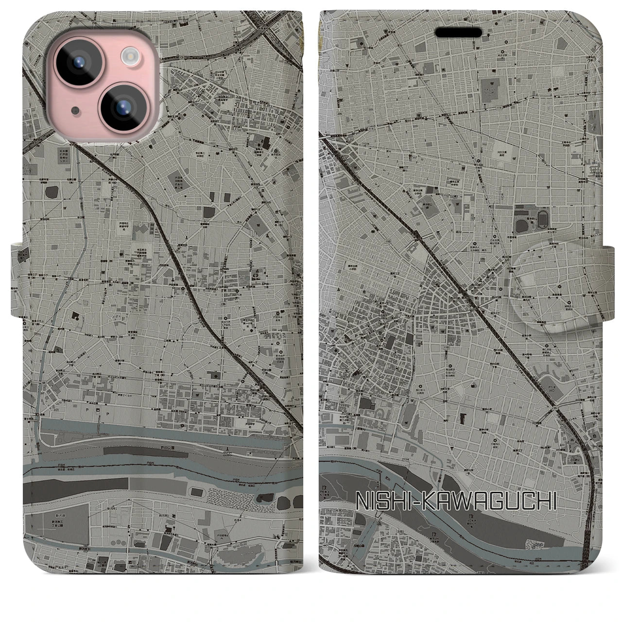 【西川口(埼玉県)】地図柄iPhoneケース(手帳タイプ)モノトーン・iPhone 15 Plus 用