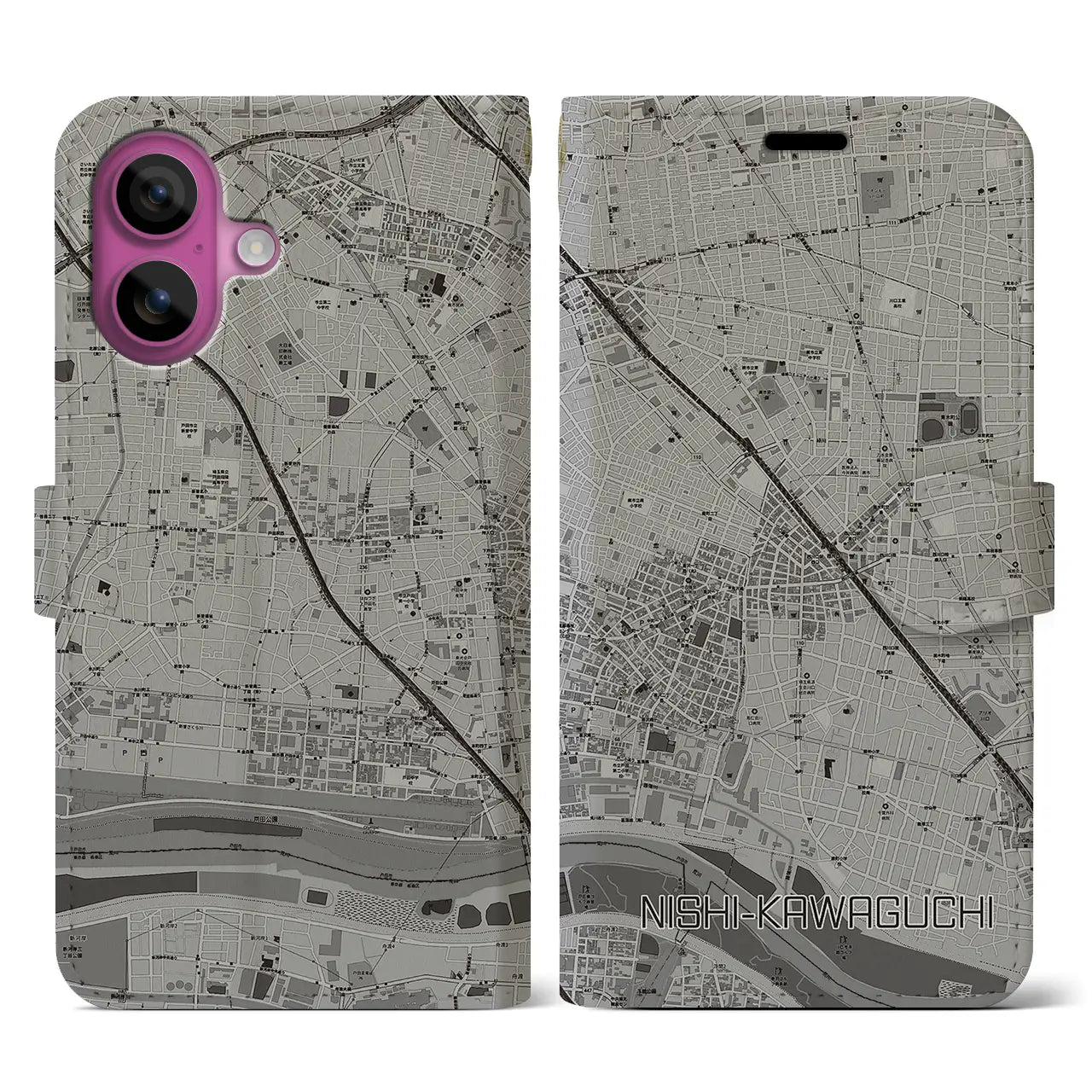 【西川口(埼玉県)】地図柄iPhoneケース(手帳タイプ)モノトーン・iPhone 16 Pro 用