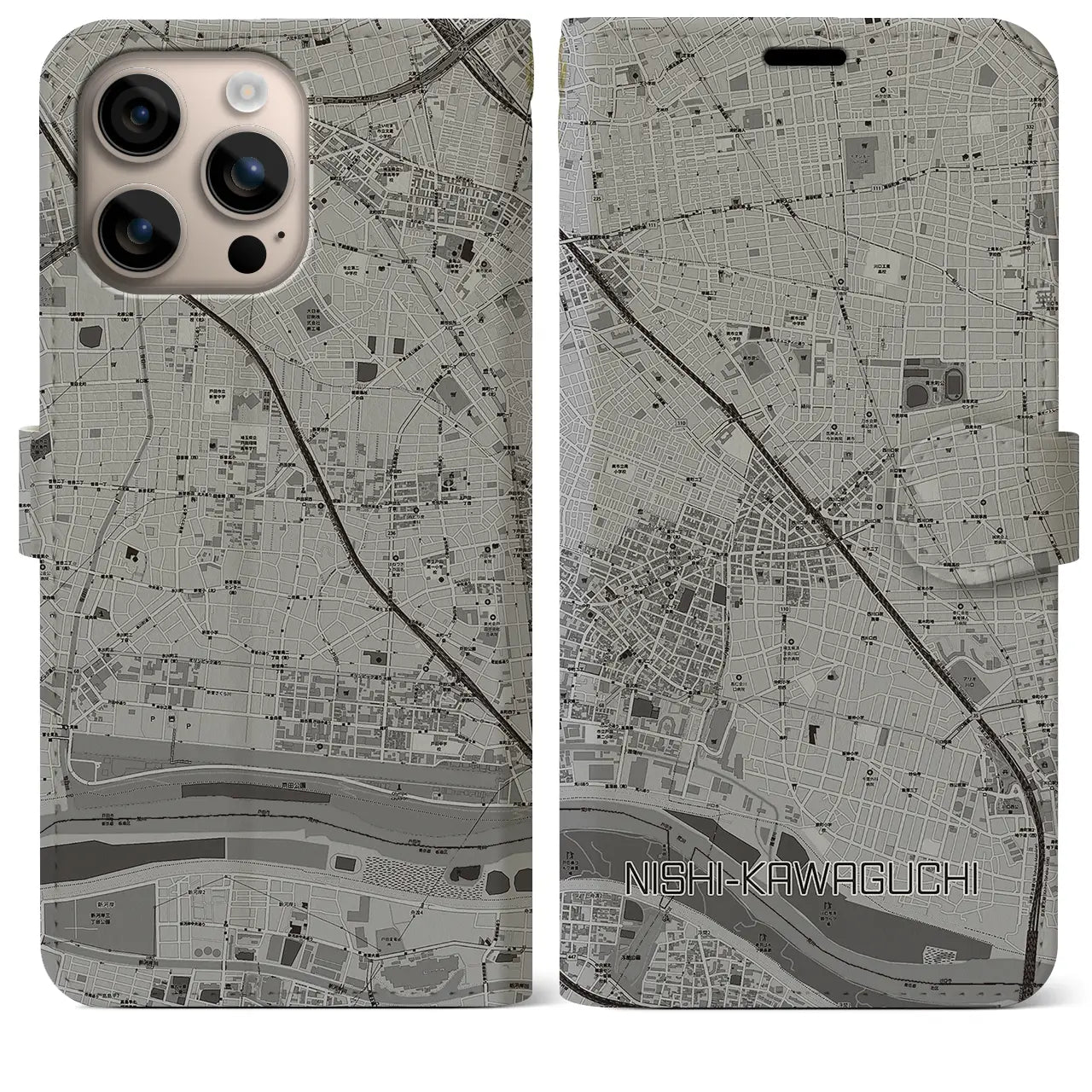 【西川口(埼玉県)】地図柄iPhoneケース(手帳タイプ)モノトーン・iPhone 16 Plus 用