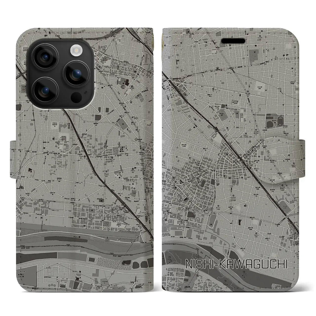 【西川口(埼玉県)】地図柄iPhoneケース(手帳タイプ)モノトーン・iPhone 16 用