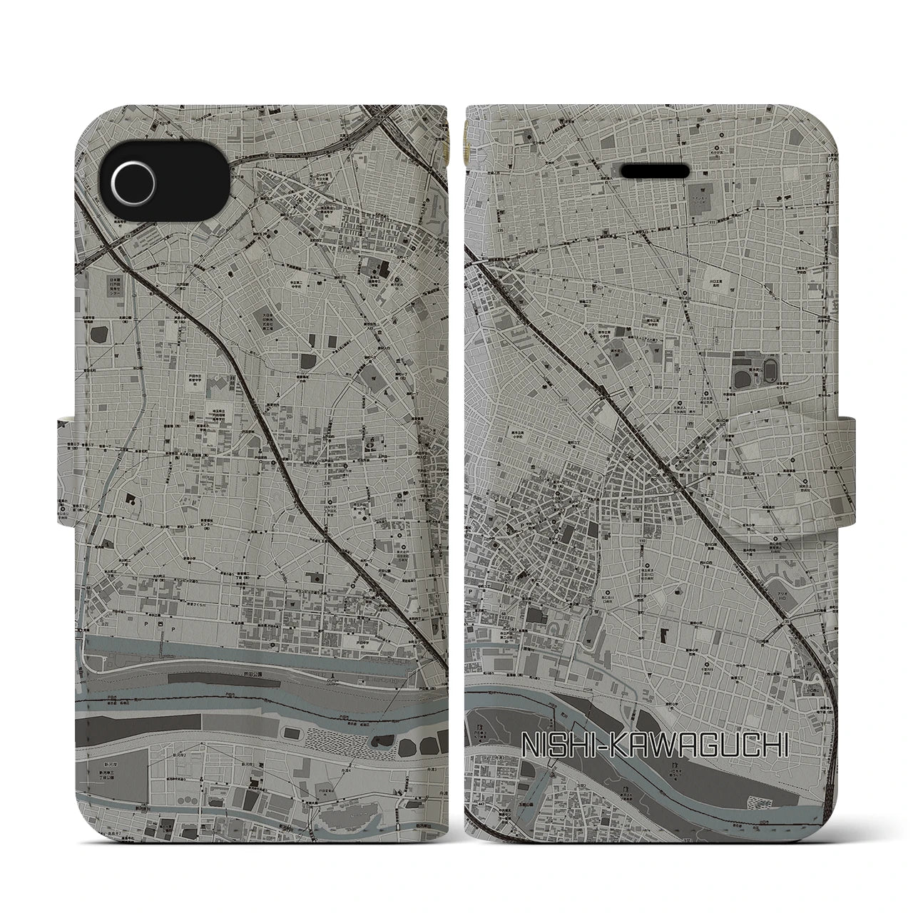 【西川口(埼玉県)】地図柄iPhoneケース(手帳タイプ)モノトーン・iPhone SE(第3 / 第2世代) / 8 / 7 / 6s / 6 用