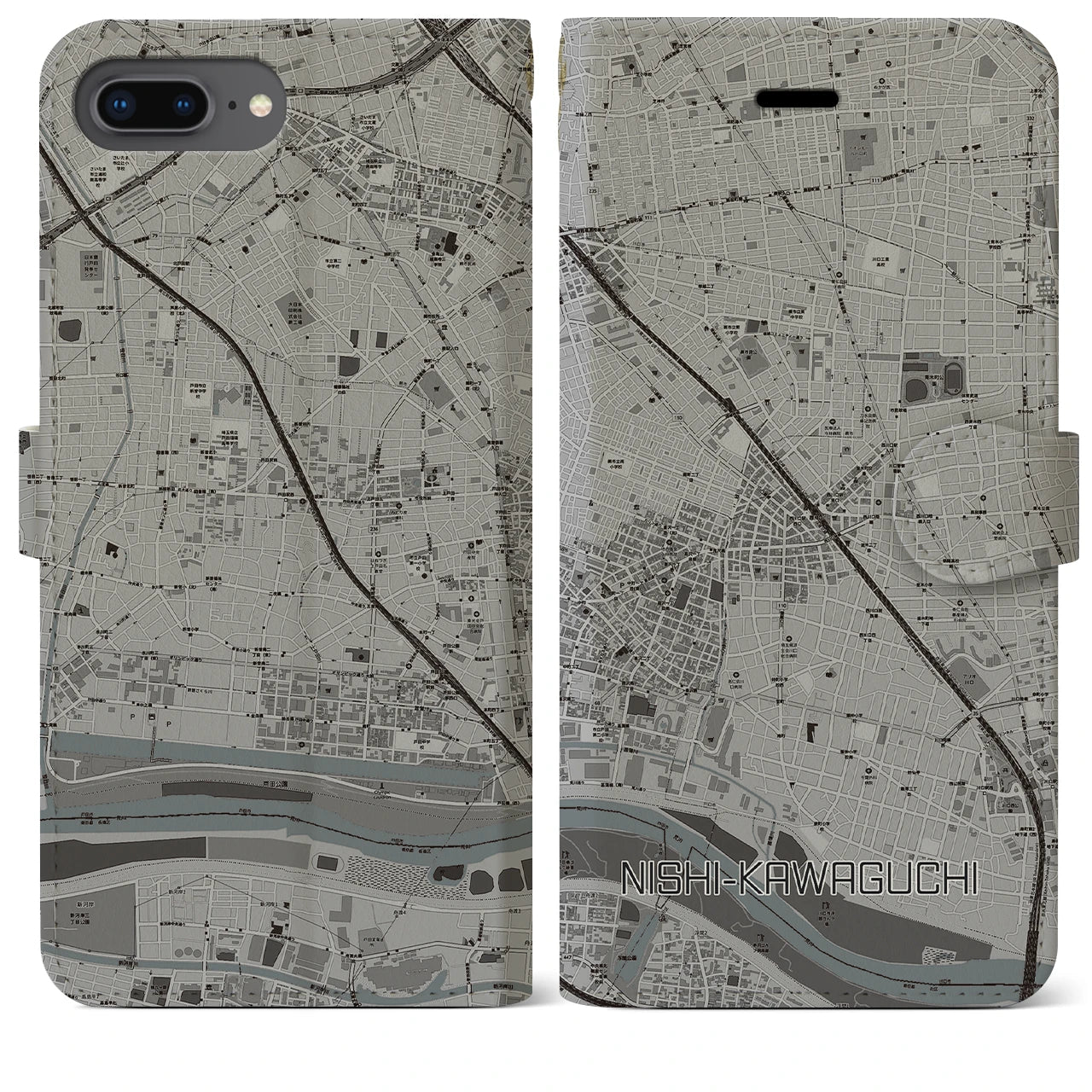 【西川口(埼玉県)】地図柄iPhoneケース(手帳タイプ)モノトーン・iPhone 8Plus /7Plus / 6sPlus / 6Plus 用