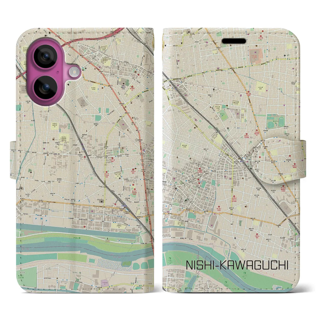 【西川口(埼玉県)】地図柄iPhoneケース(手帳タイプ)ナチュラル・iPhone 16 Pro 用