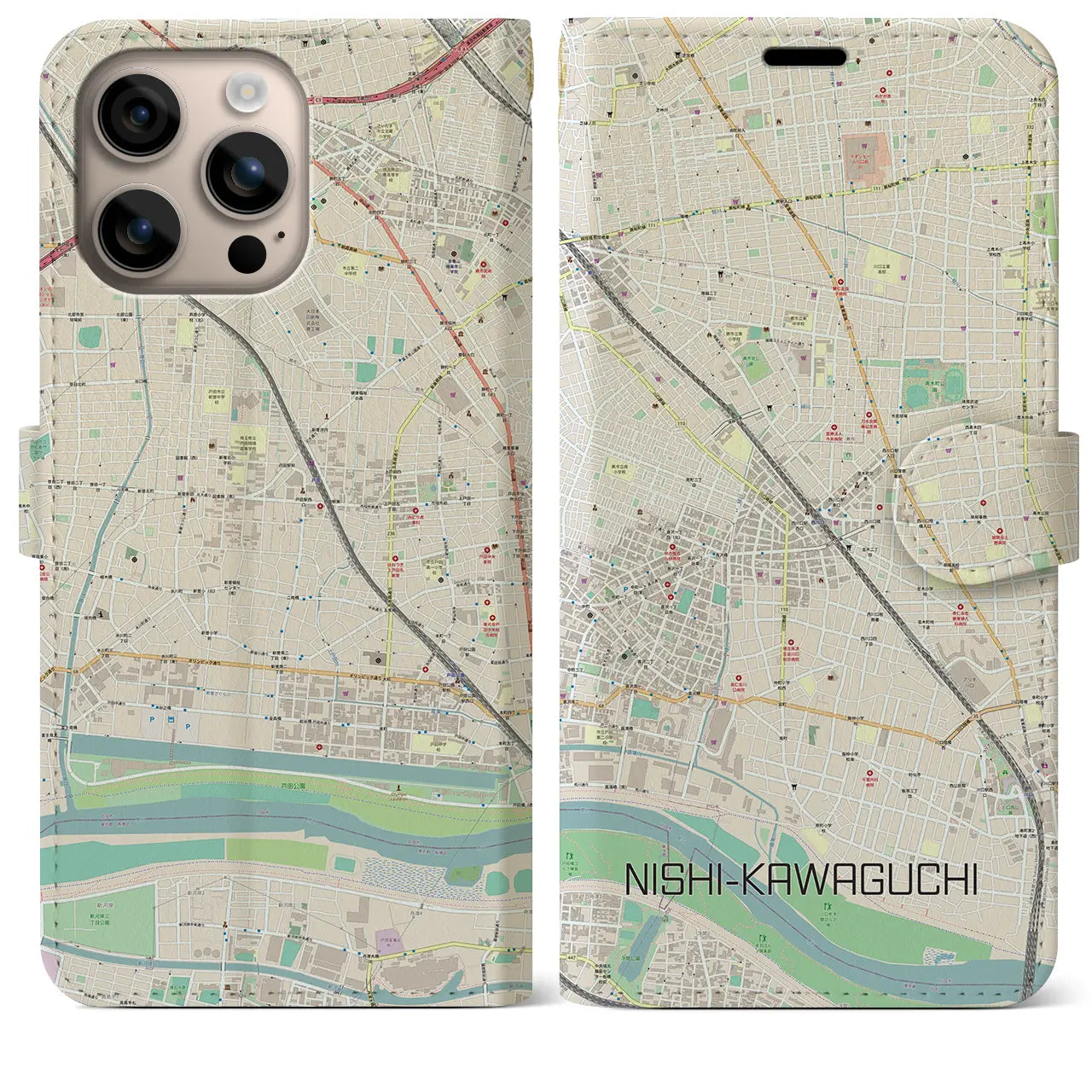 【西川口(埼玉県)】地図柄iPhoneケース(手帳タイプ)ナチュラル・iPhone 16 Plus 用