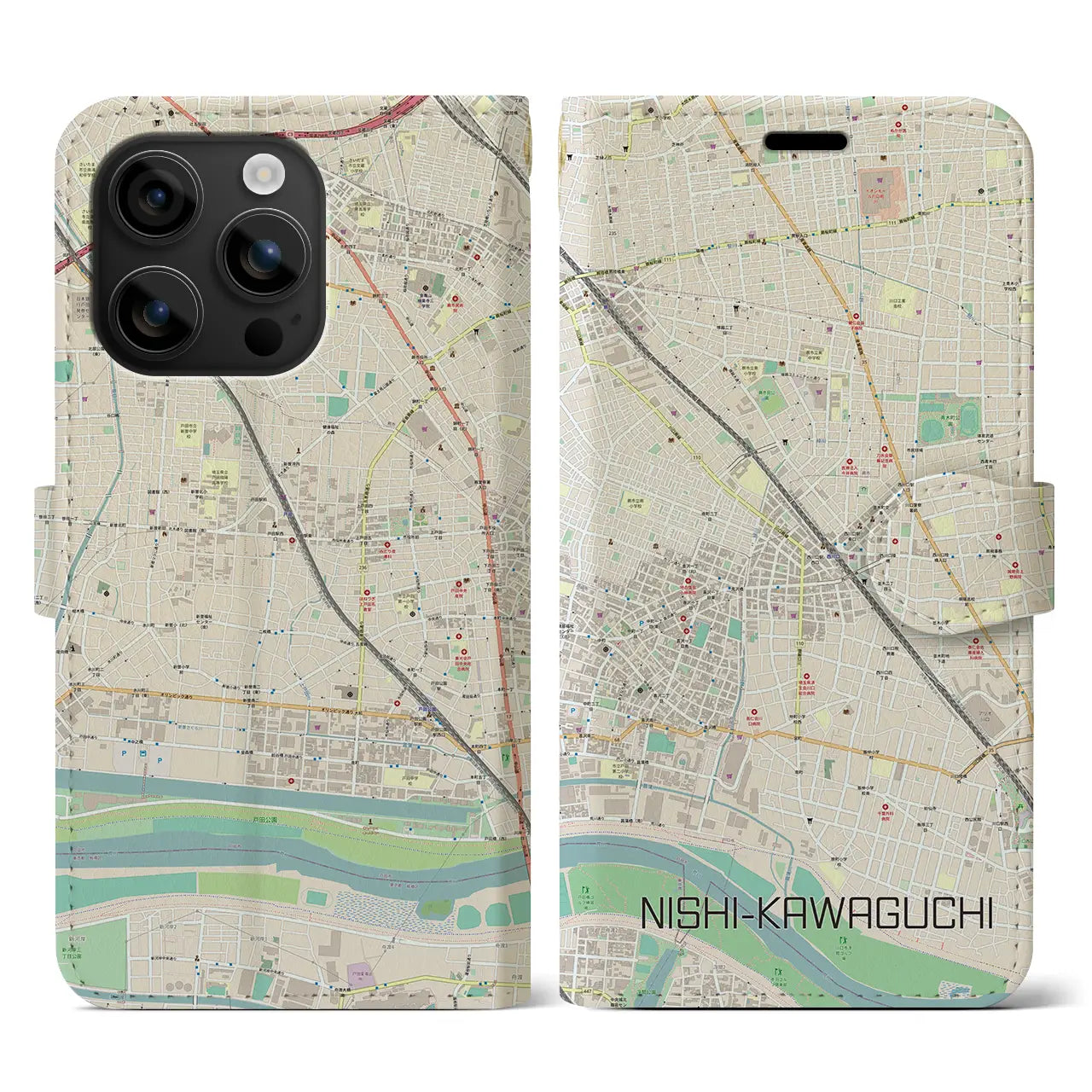 【西川口(埼玉県)】地図柄iPhoneケース(手帳タイプ)ナチュラル・iPhone 16 用
