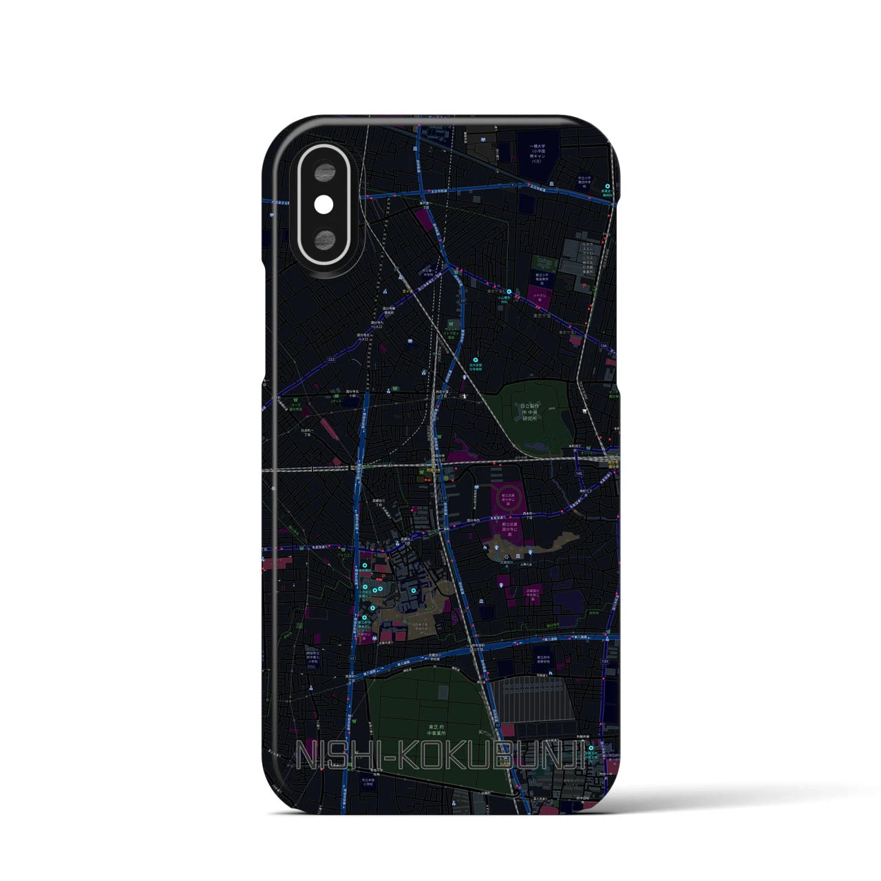 【西国分寺(東京都)】地図柄iPhoneケース(バックカバータイプ)ブラック・iPhone XS / X 用