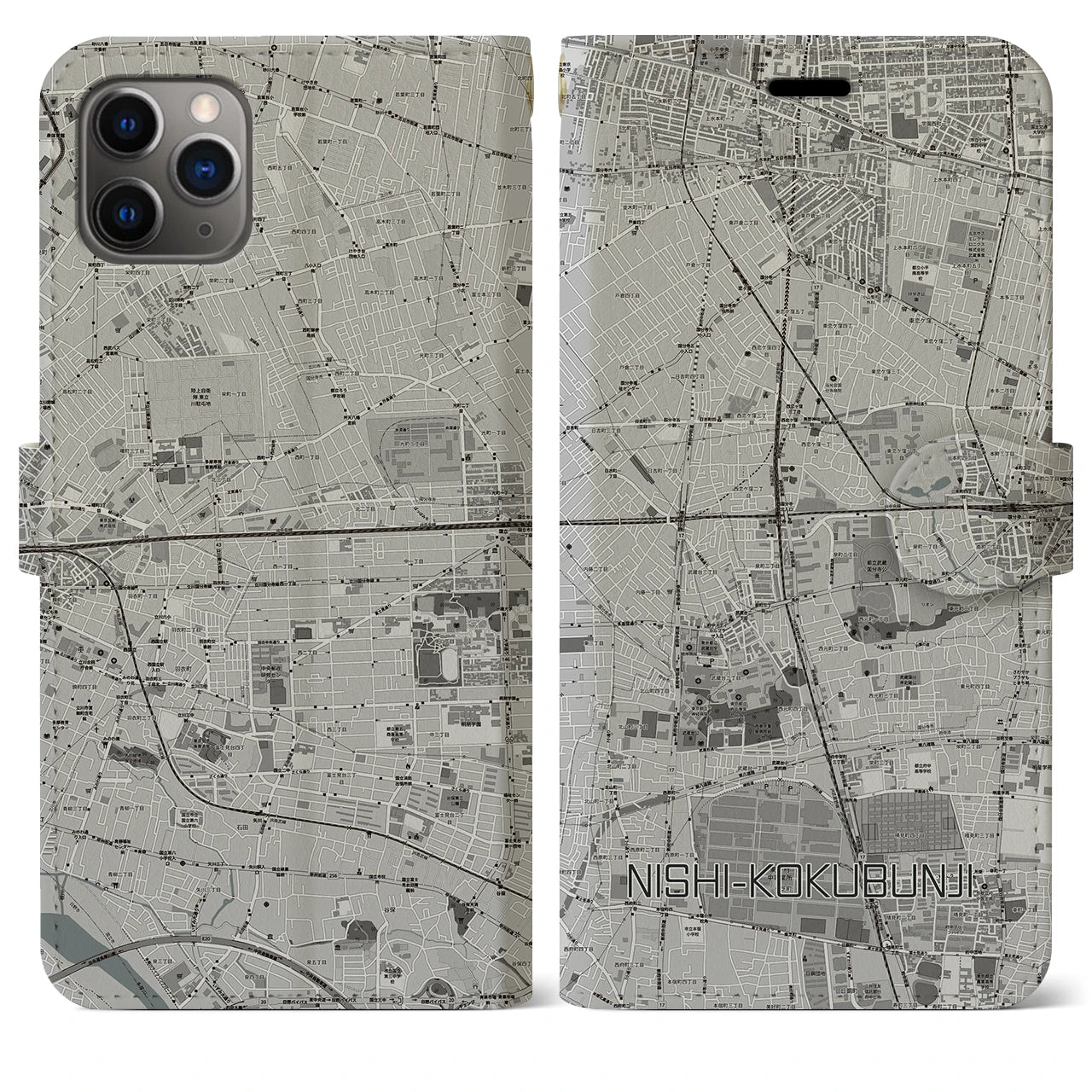 【西国分寺(東京都)】地図柄iPhoneケース(手帳タイプ)モノトーン・iPhone 11 Pro Max 用