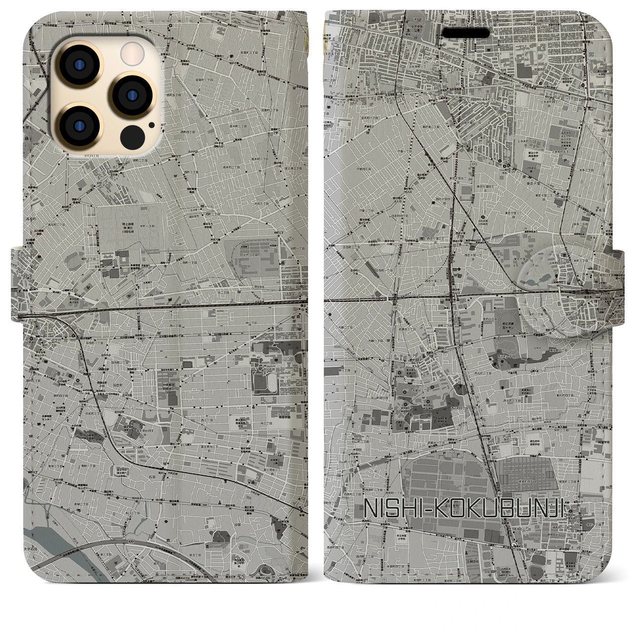【西国分寺(東京都)】地図柄iPhoneケース(手帳タイプ)モノトーン・iPhone 12 Pro Max 用