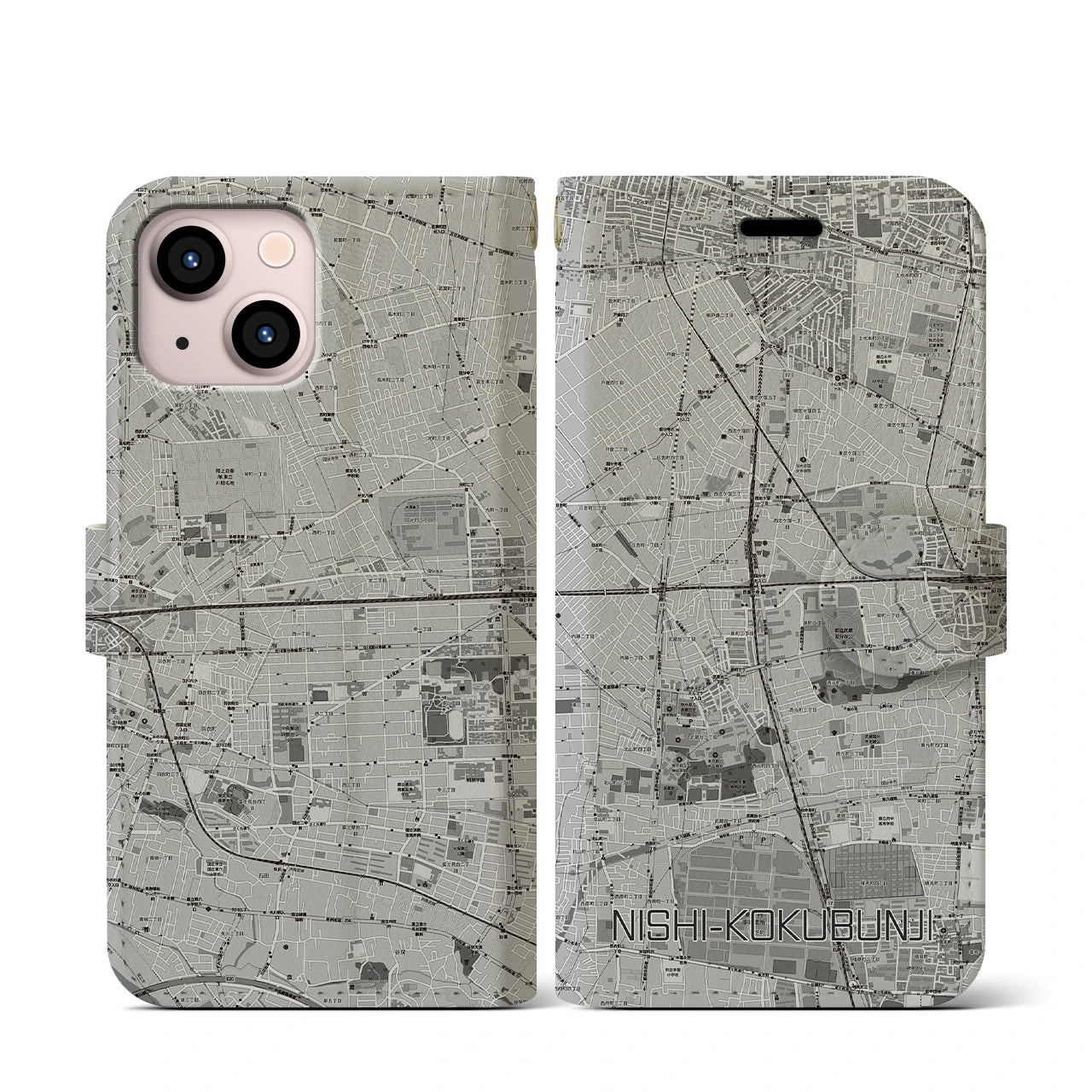 【西国分寺(東京都)】地図柄iPhoneケース(手帳タイプ)モノトーン・iPhone 13 mini 用