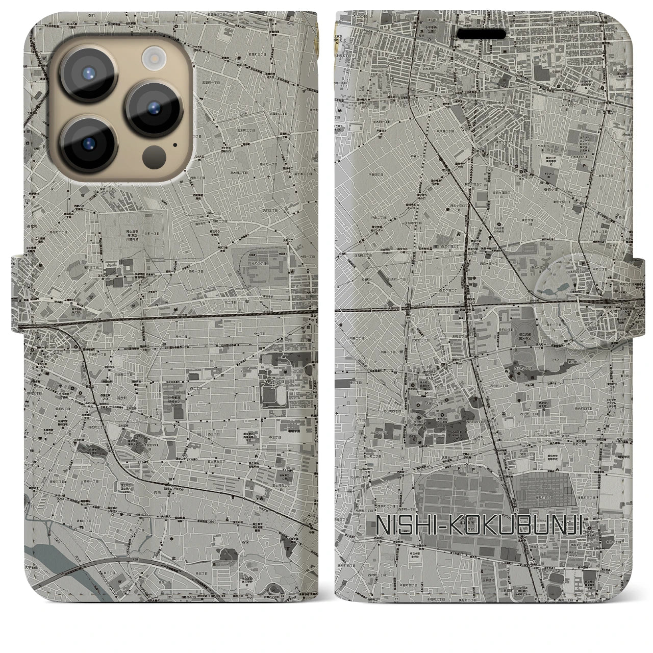 【西国分寺(東京都)】地図柄iPhoneケース(手帳タイプ)モノトーン・iPhone 14 Pro Max 用
