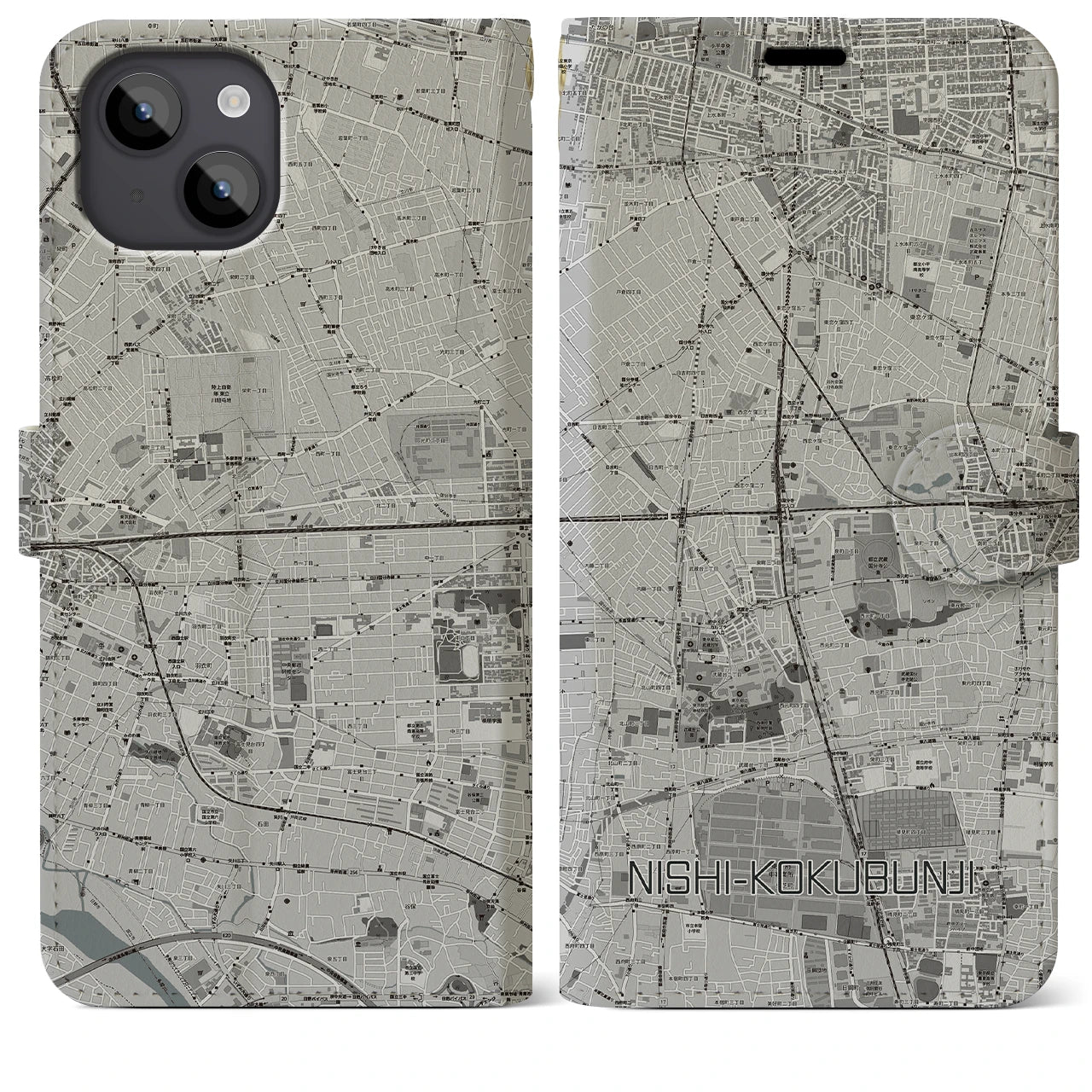 【西国分寺(東京都)】地図柄iPhoneケース(手帳タイプ)モノトーン・iPhone 14 Plus 用