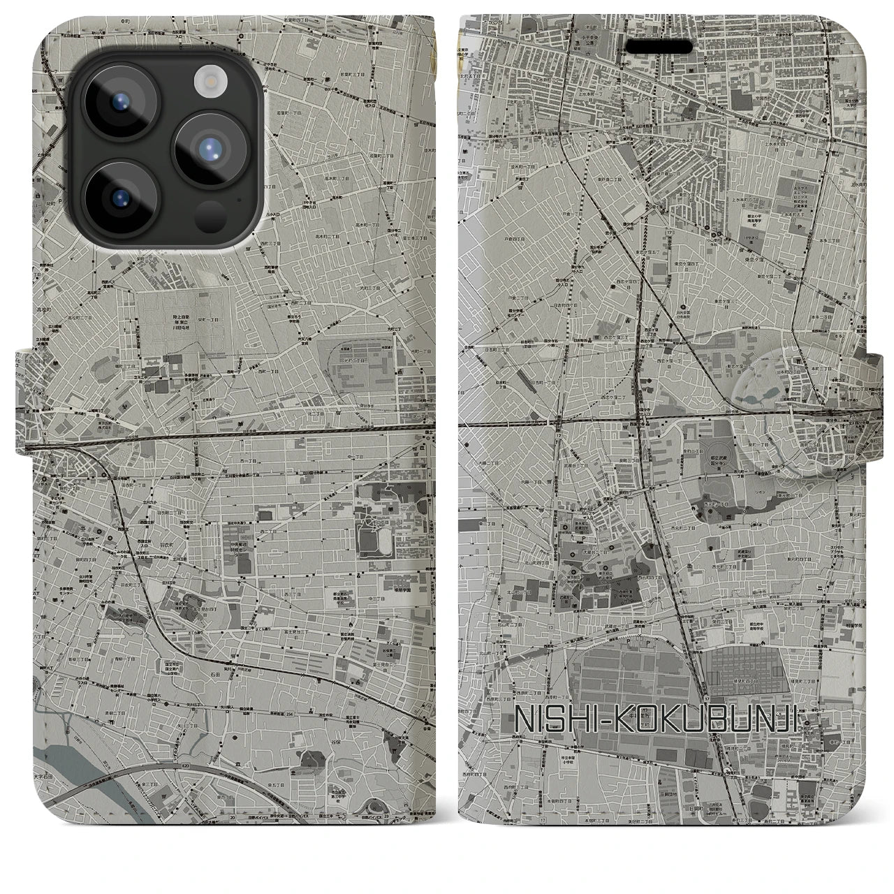 【西国分寺(東京都)】地図柄iPhoneケース(手帳タイプ)モノトーン・iPhone 15 Pro Max 用