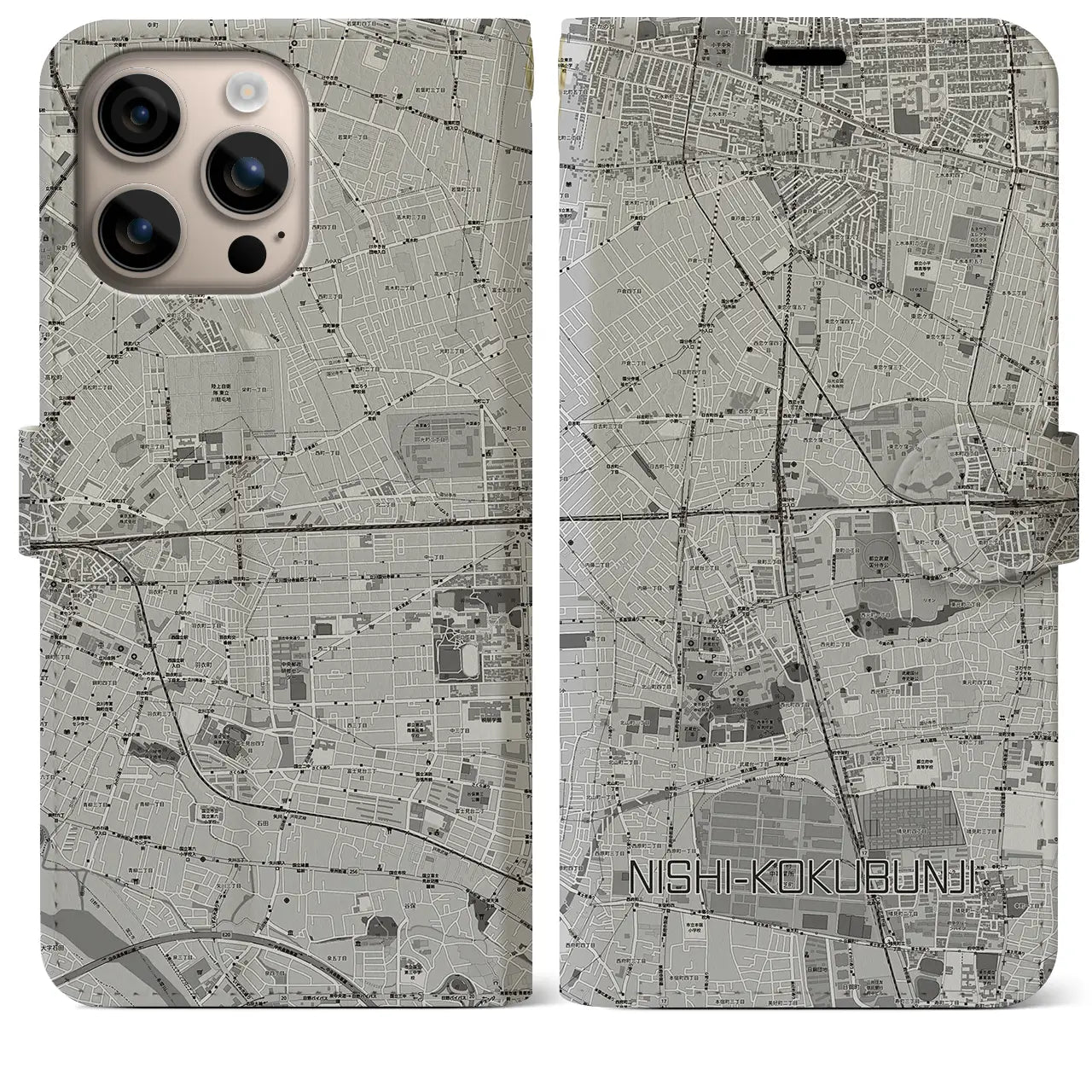 【西国分寺(東京都)】地図柄iPhoneケース(手帳タイプ)モノトーン・iPhone 16 Plus 用