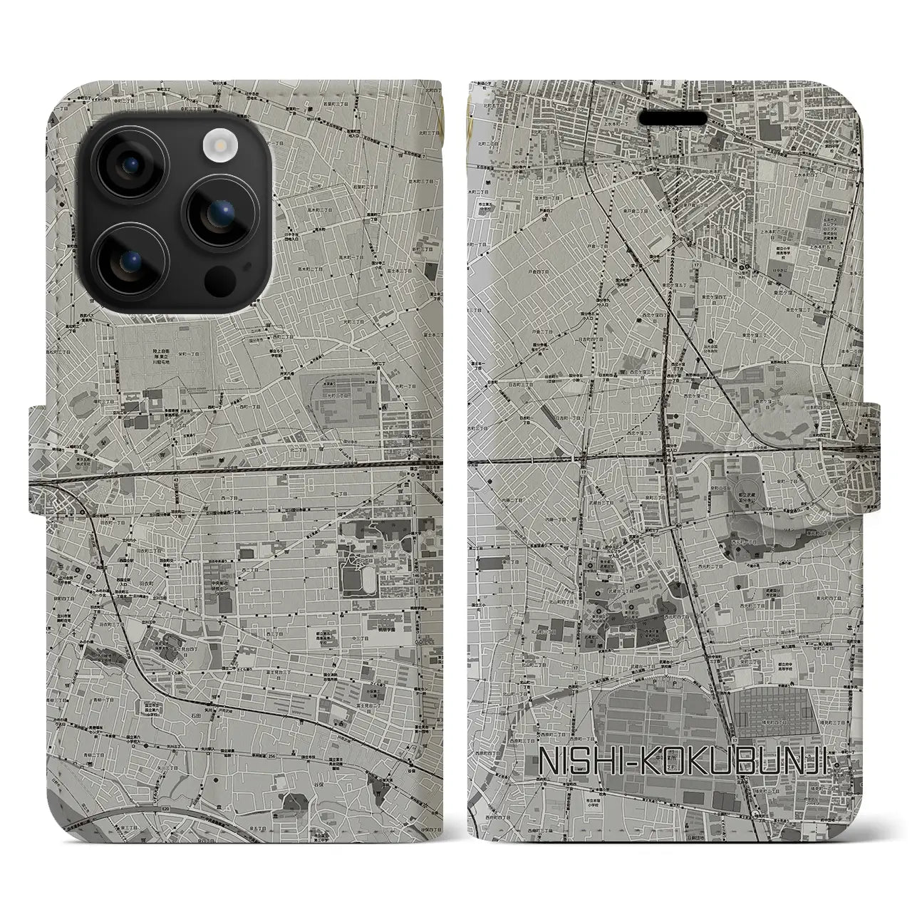 【西国分寺(東京都)】地図柄iPhoneケース(手帳タイプ)モノトーン・iPhone 16 用